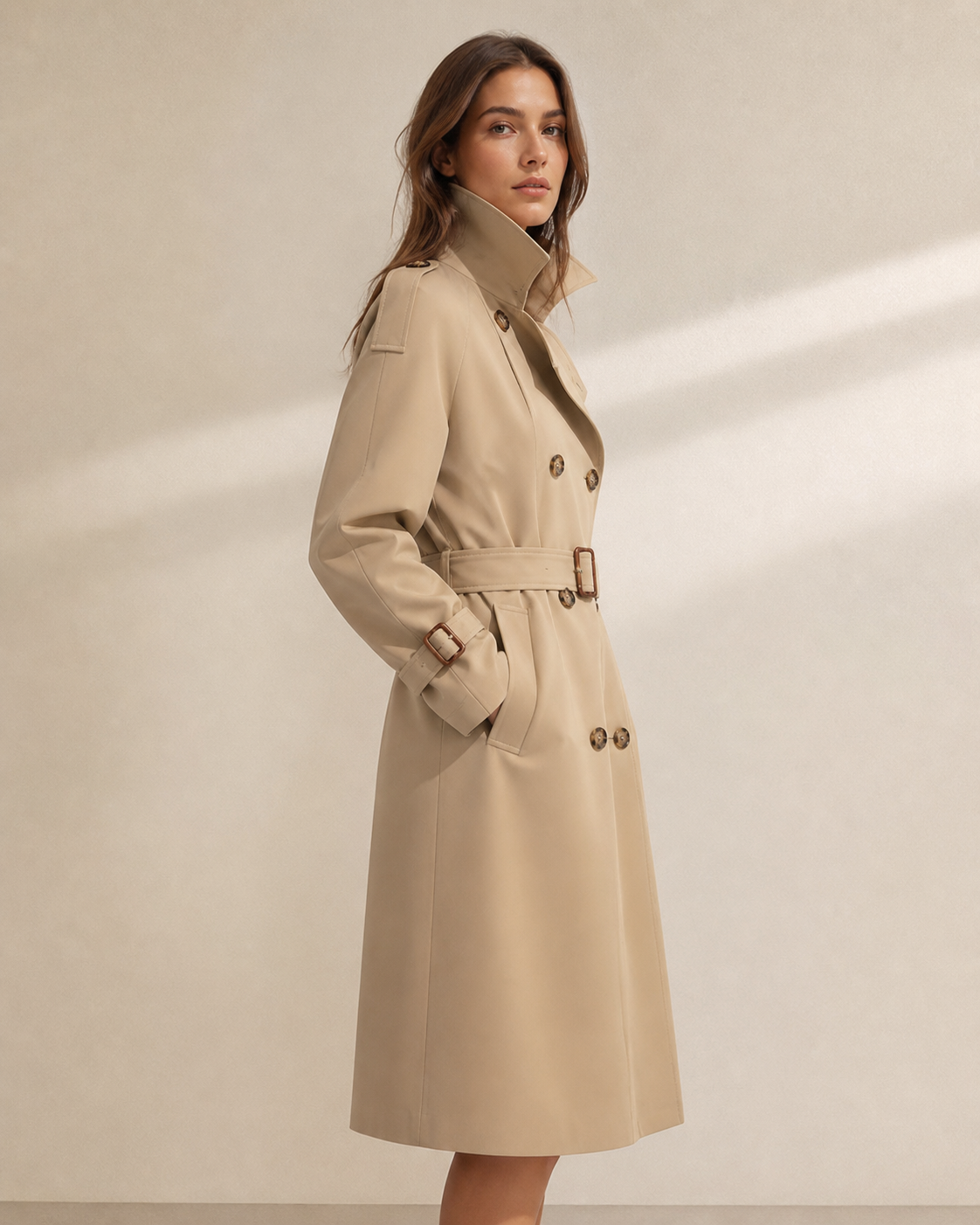 Adeline trench clásico atemporal — modelo en pose premium