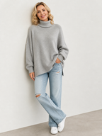 Amélie — Jersey de Cuello Alto — Gris, modelo con rostro visible