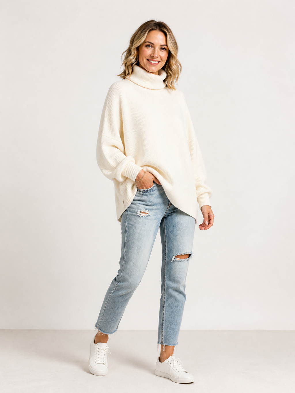 Amélie — Jersey de Cuello Alto — Blanco lechoso, modelo con rostro visible