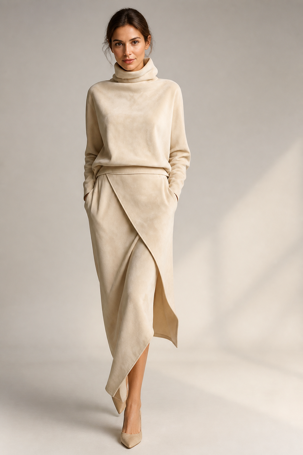 Beige suave — modelo con rostro visible