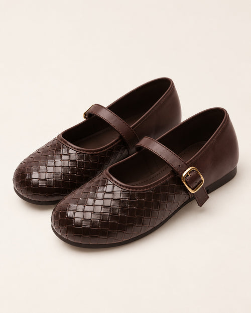Adèle woven leather Mary Jane flat with buckle strap in Brown, three-quarter view