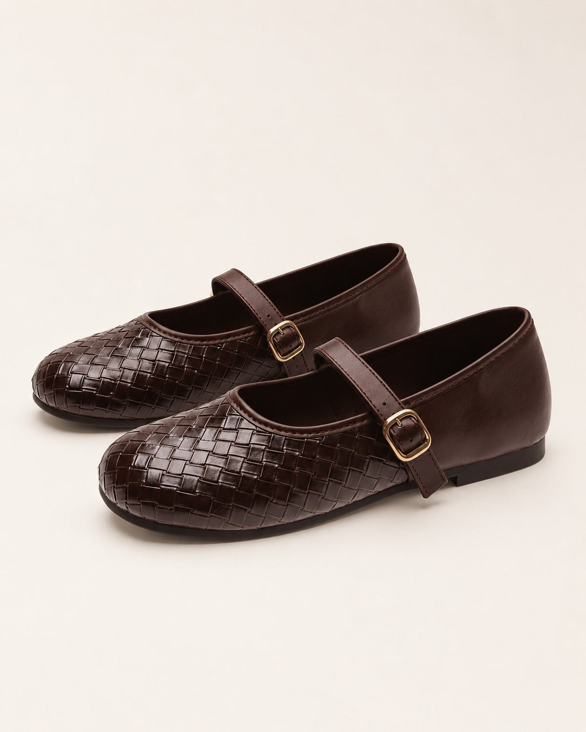 Adèle woven leather Mary Jane flat with buckle strap in Brown, side view