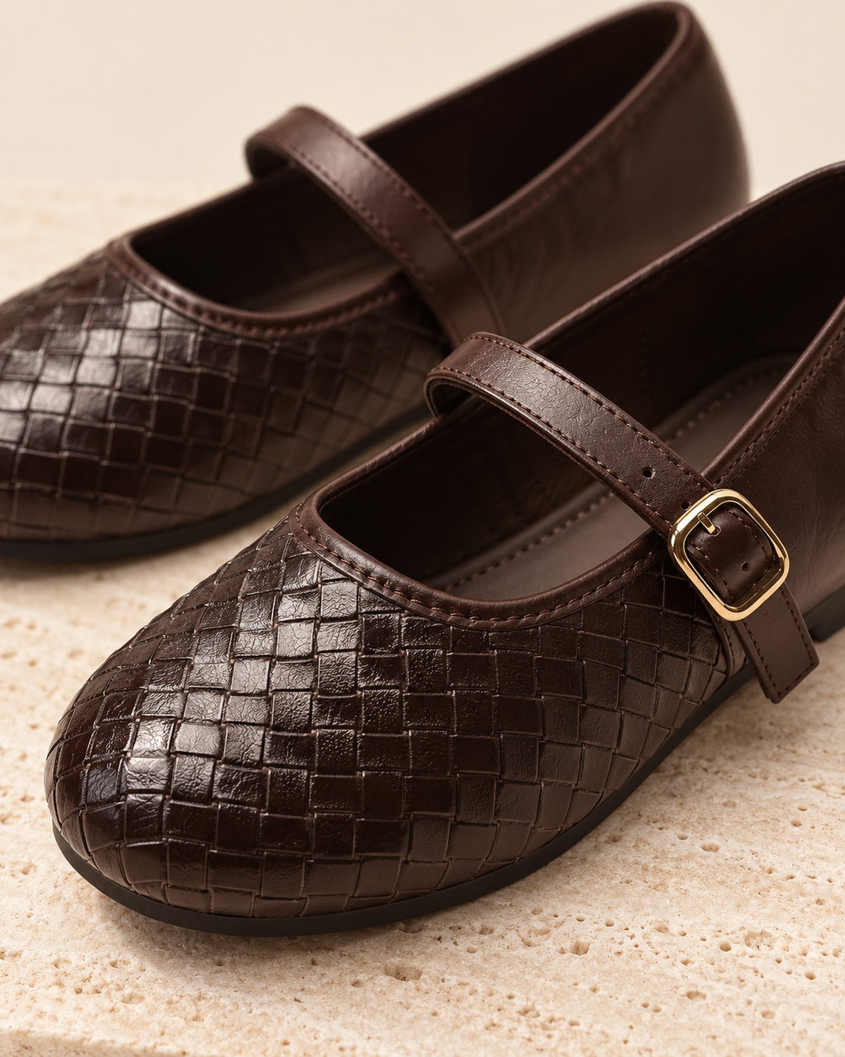 Adèle woven leather Mary Jane flat with buckle strap in Brown, close-up detail