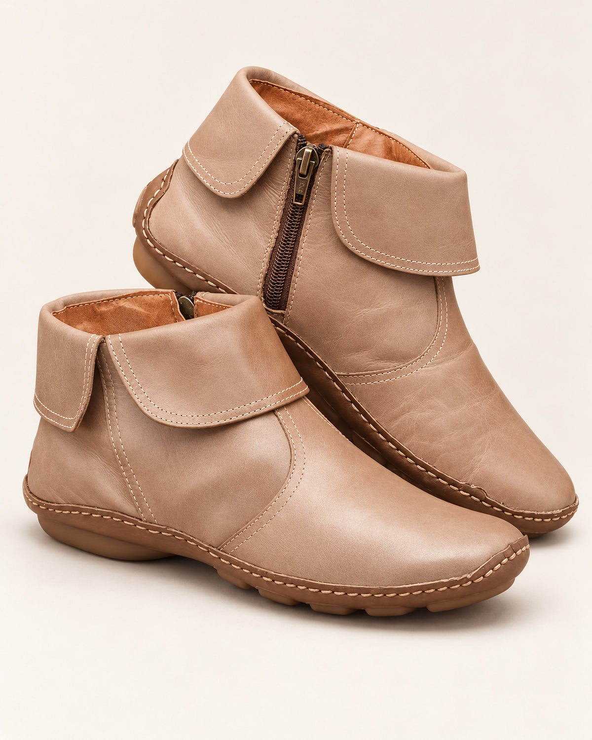 Margaux fold-over cuff ankle boot with side zip in Beige, three-quarter view
