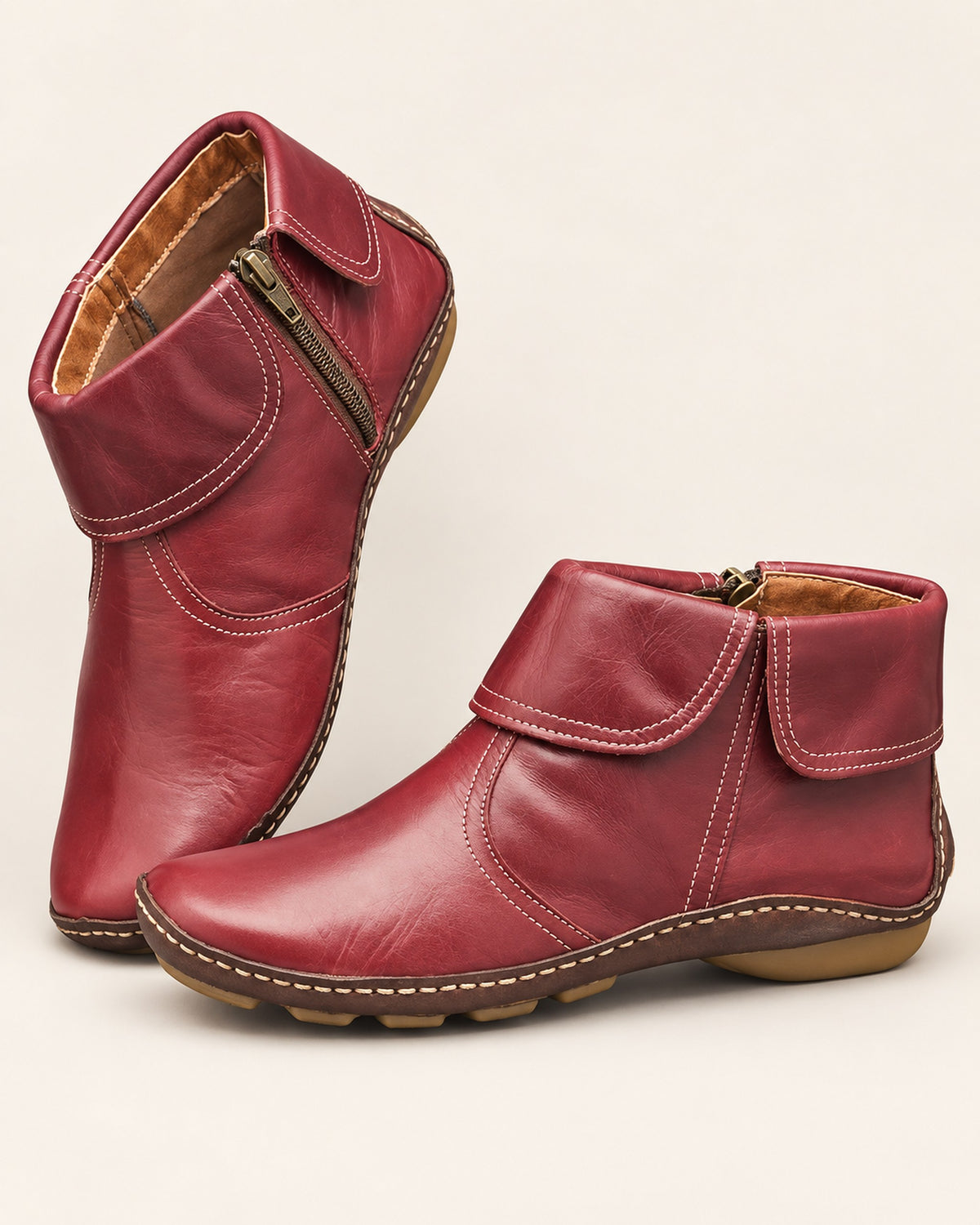 Margaux fold-over cuff ankle boot with side zip in Red, three-quarter view
