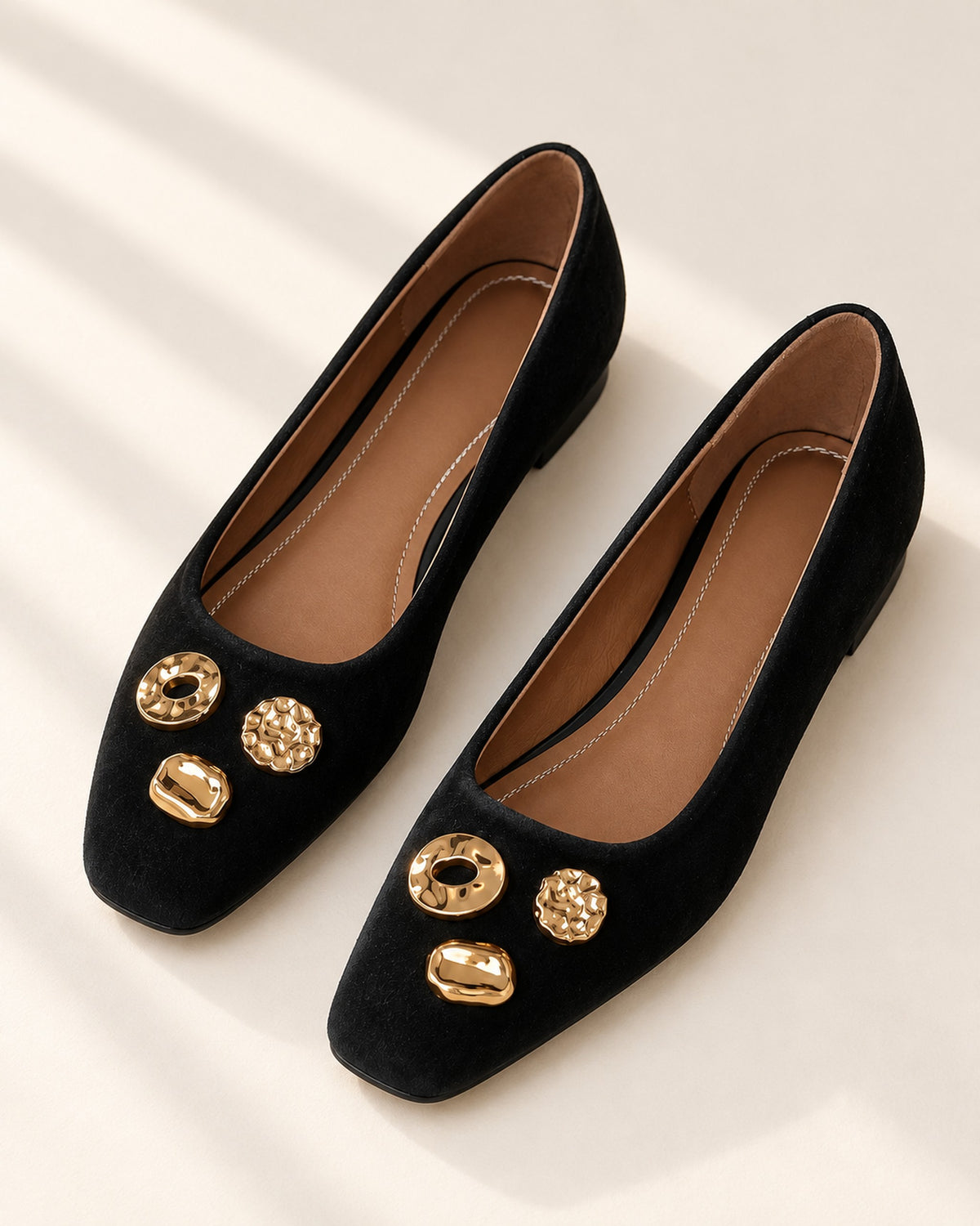 Apolline suede square-toe flat with gold-tone ornaments in Black, three-quarter view