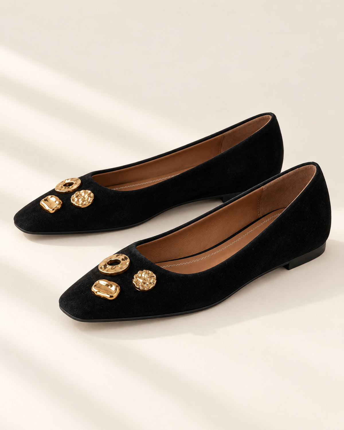 Apolline suede square-toe flat with gold-tone ornaments in Black, side view