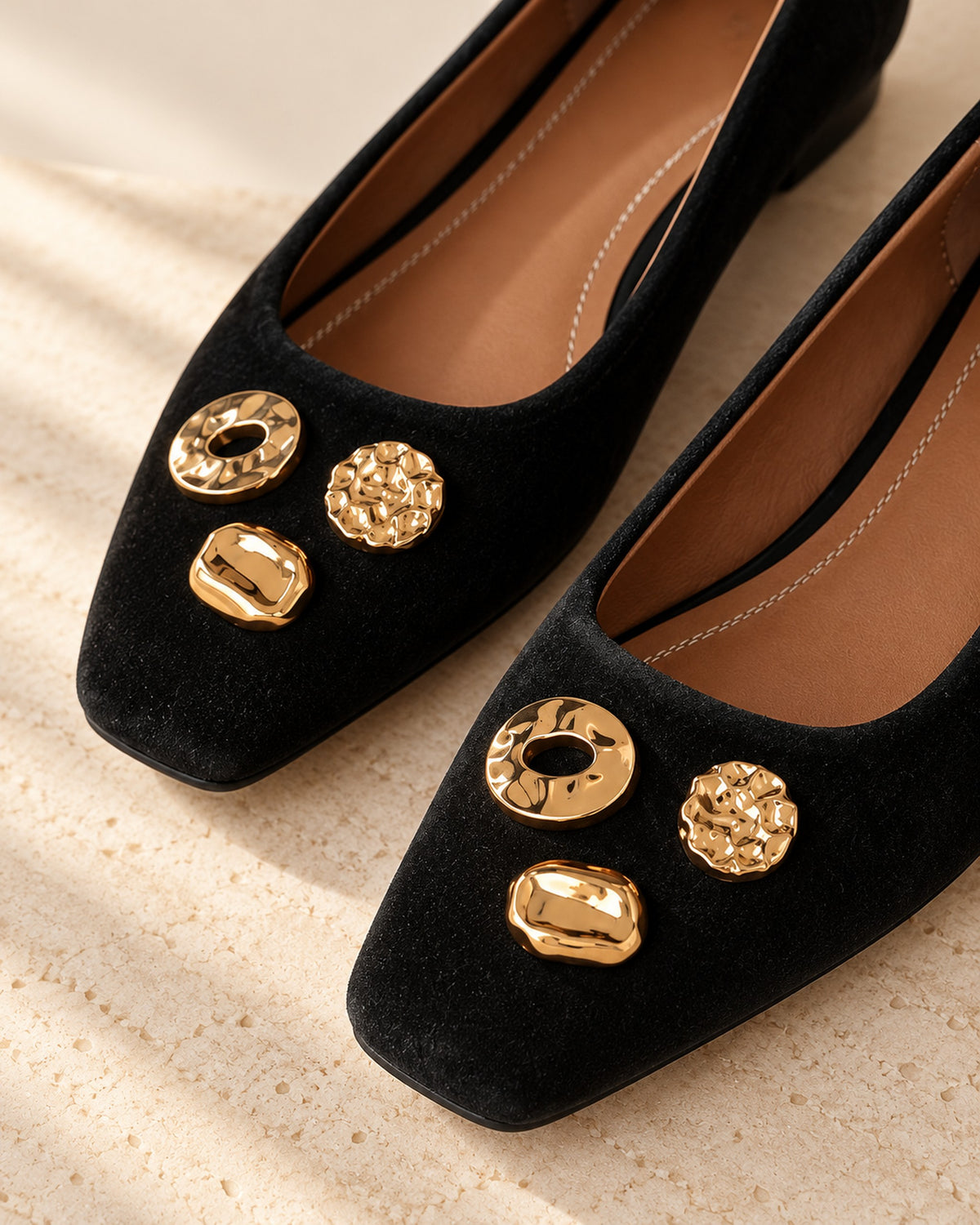 Apolline suede square-toe flat with gold-tone ornaments in Black, close-up detail