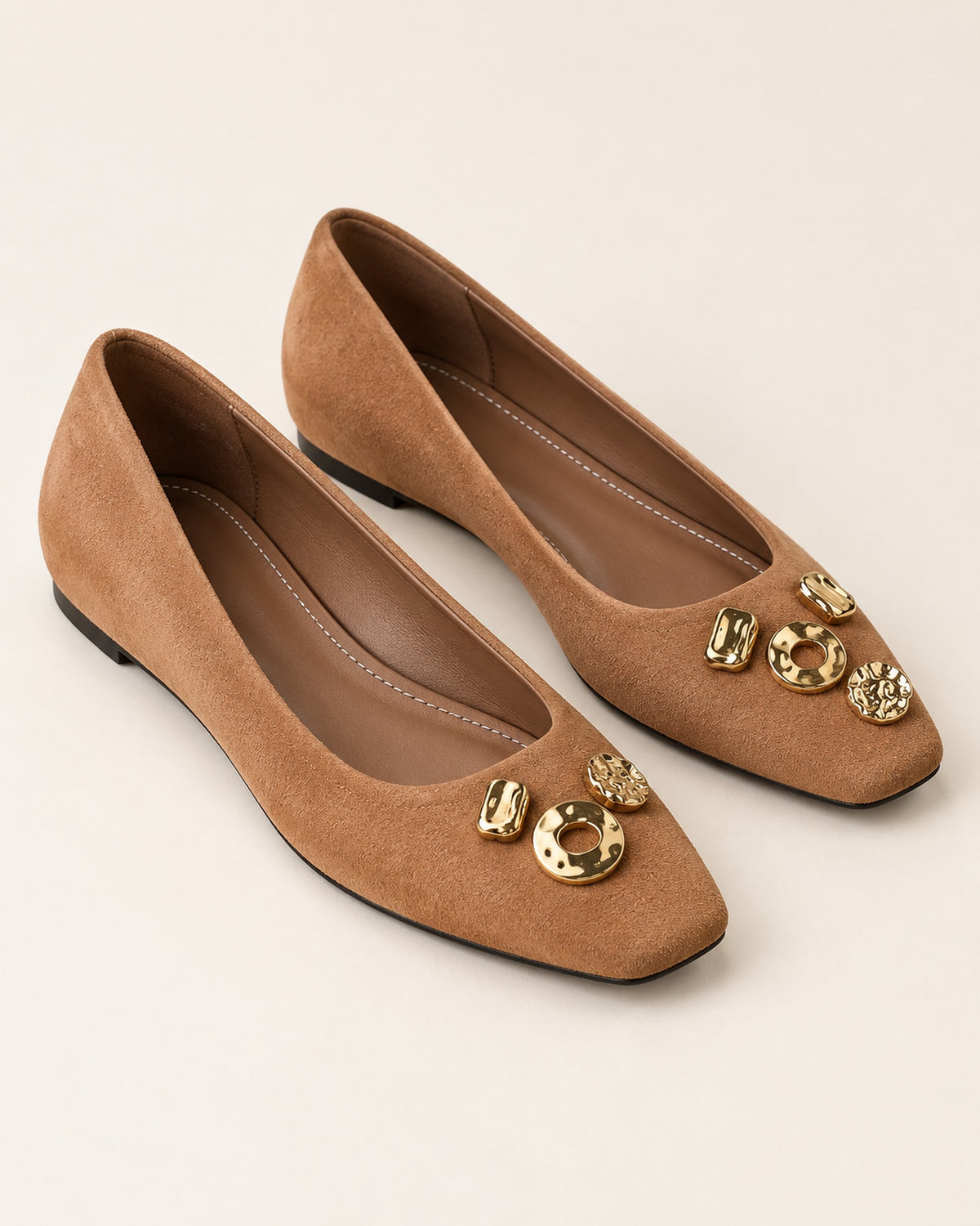 Apolline suede square-toe flat with gold-tone ornaments in Brown, three-quarter view
