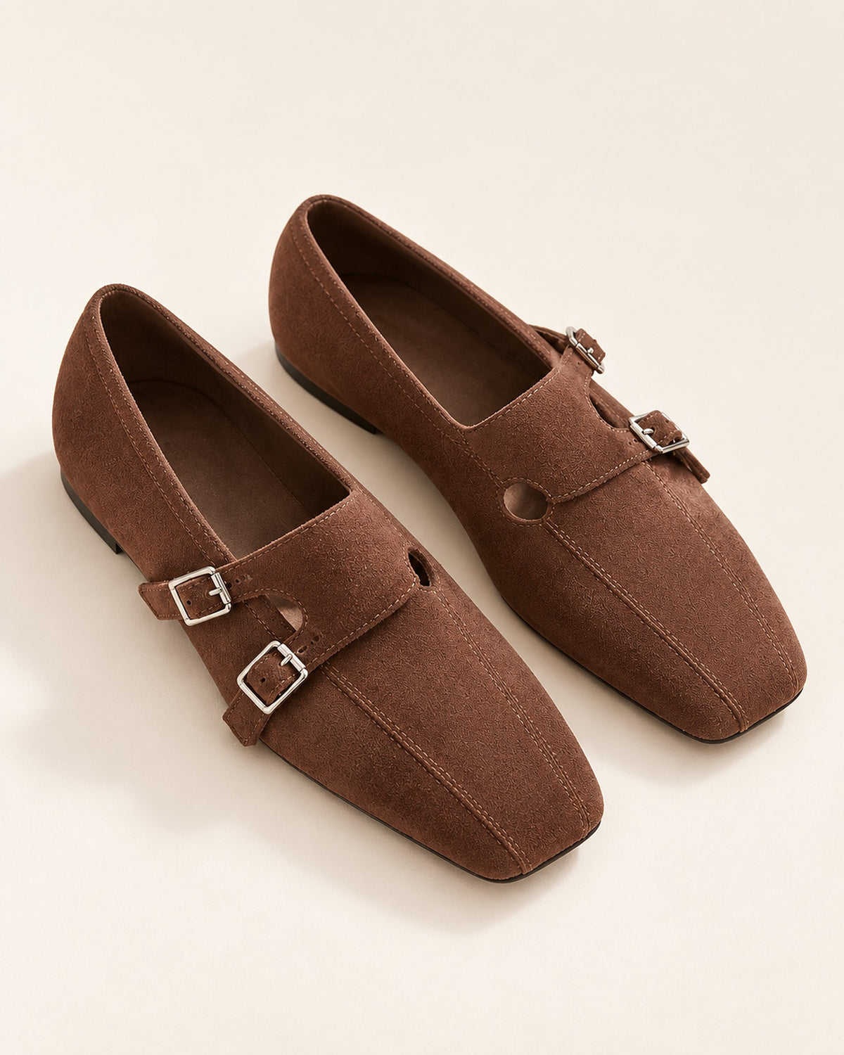 Clémence cow suede double-buckle Mary Jane flat in Brown, three-quarter view