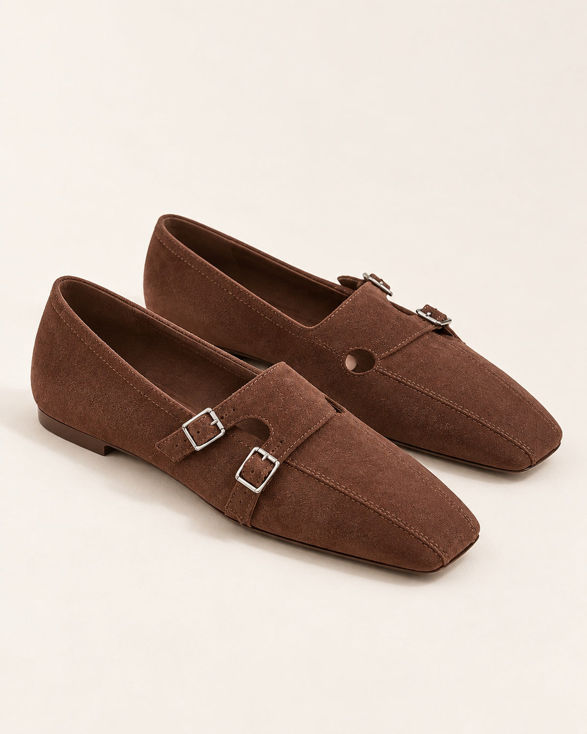 Clémence cow suede double-buckle Mary Jane flat in Brown, side view
