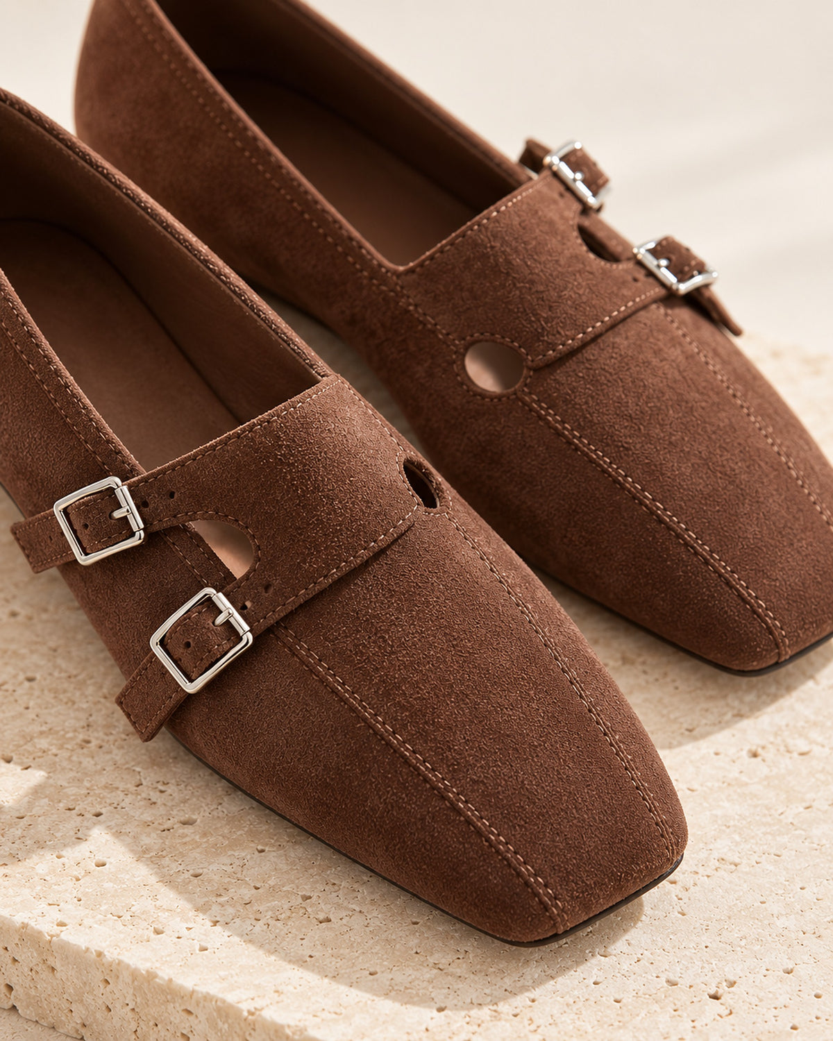 Clémence cow suede double-buckle Mary Jane flat in Brown, close-up detail