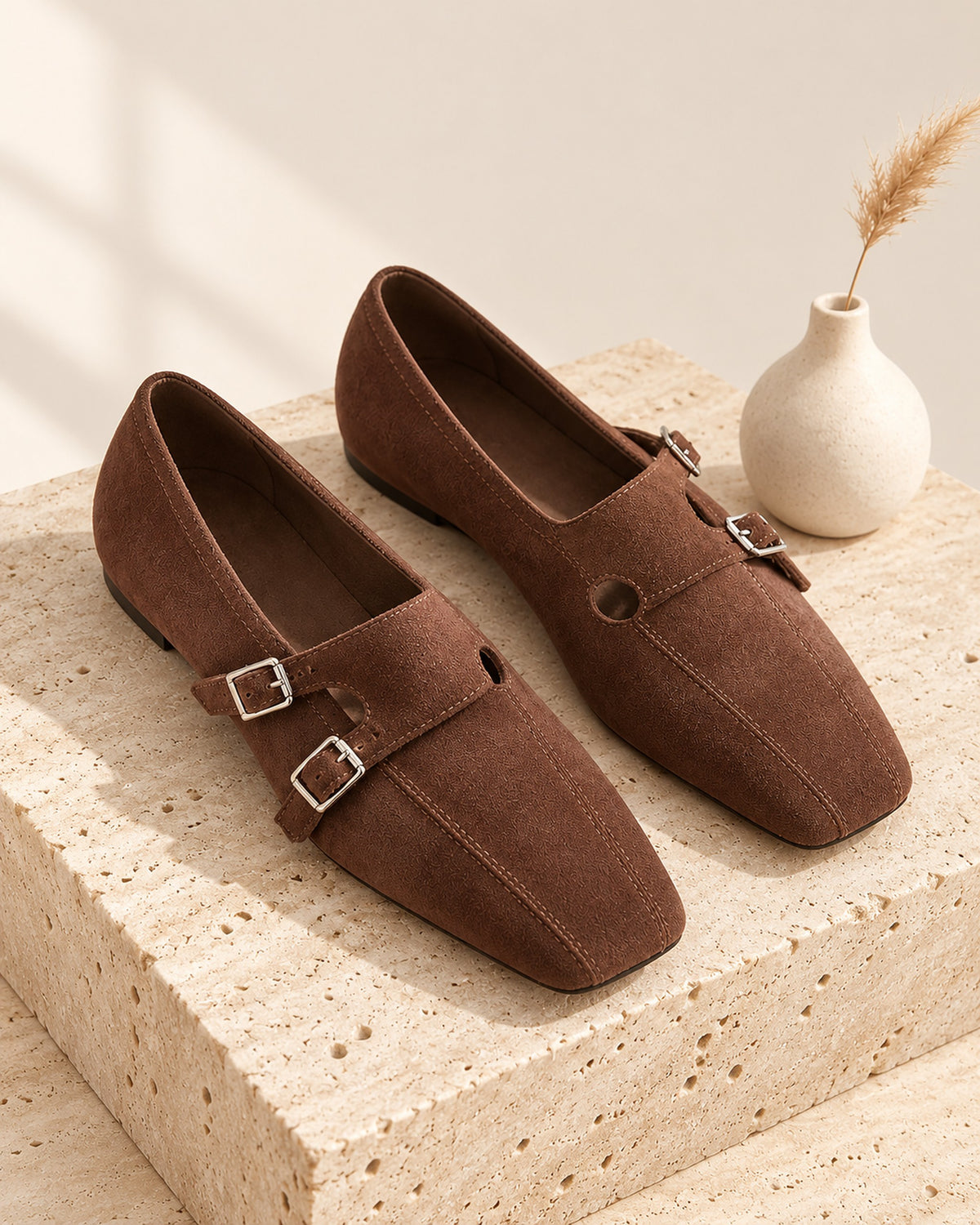 Clémence cow suede double-buckle Mary Jane flat in Brown, still life on travertine