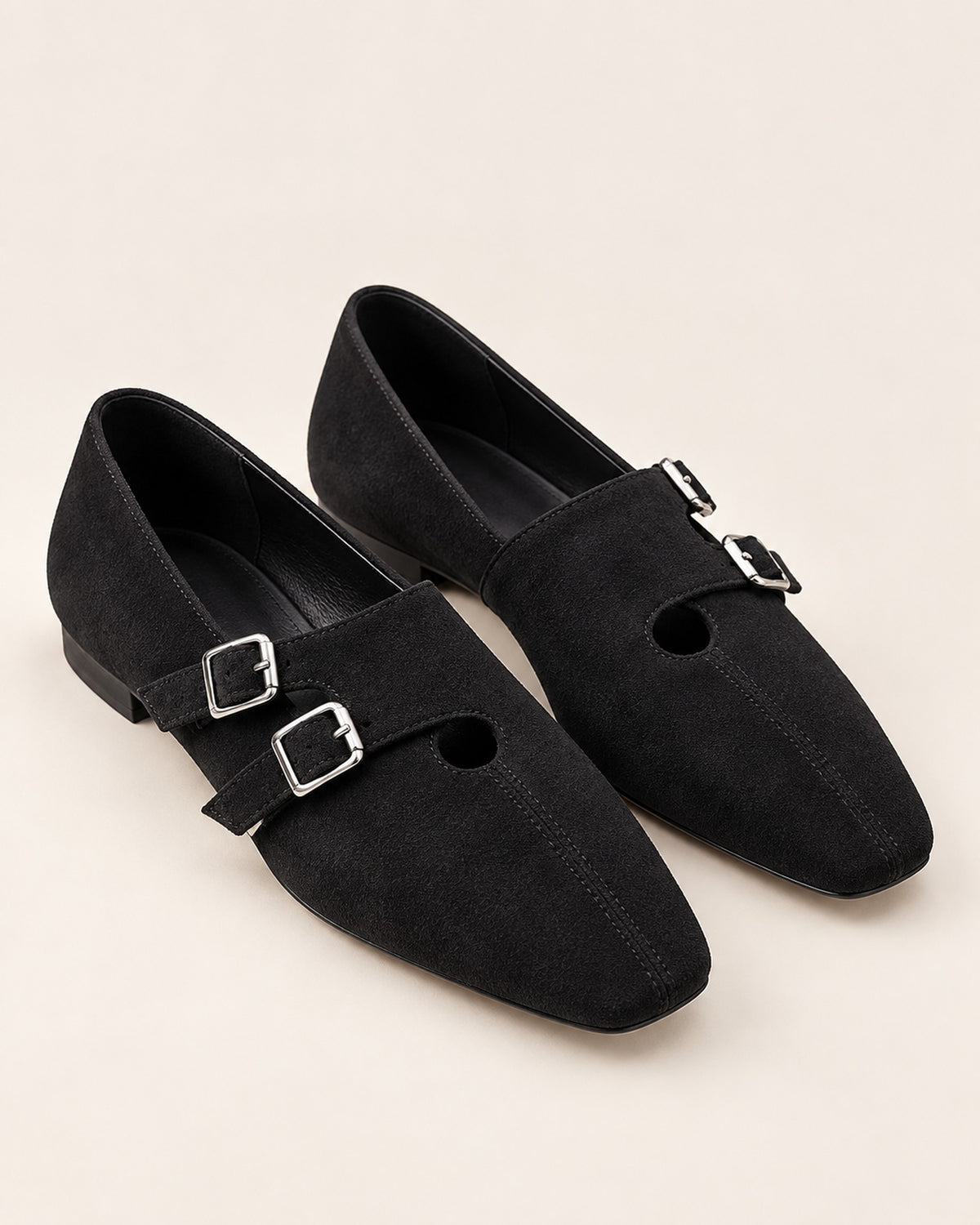 Clémence cow suede double-buckle Mary Jane flat in Black, three-quarter view