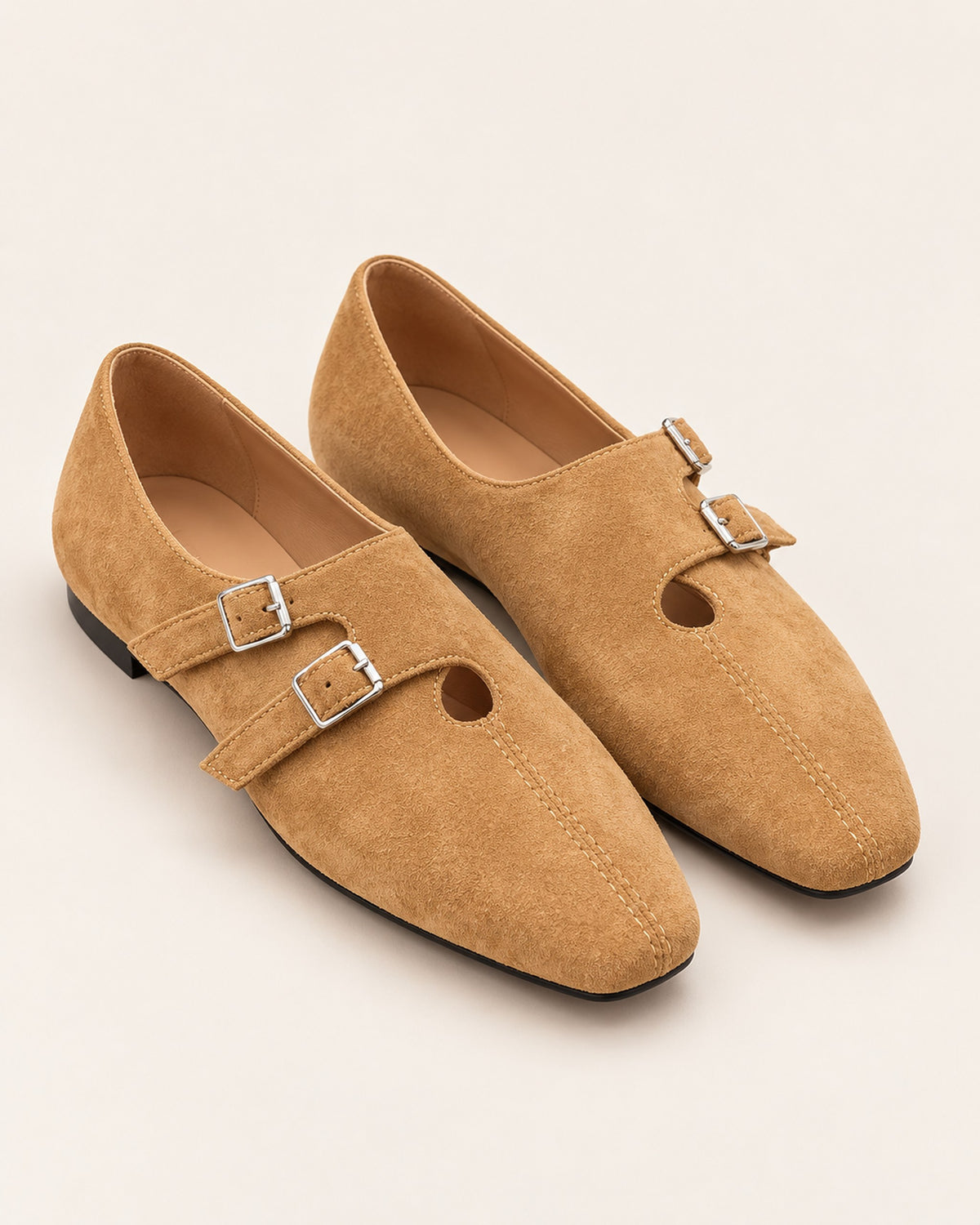 Clémence cow suede double-buckle Mary Jane flat in Khaki, three-quarter view