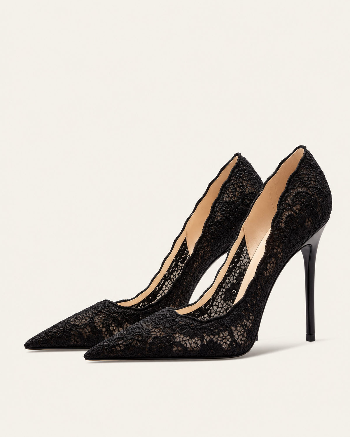 Valérie lace pointed-toe stiletto pump in Black, three-quarter view