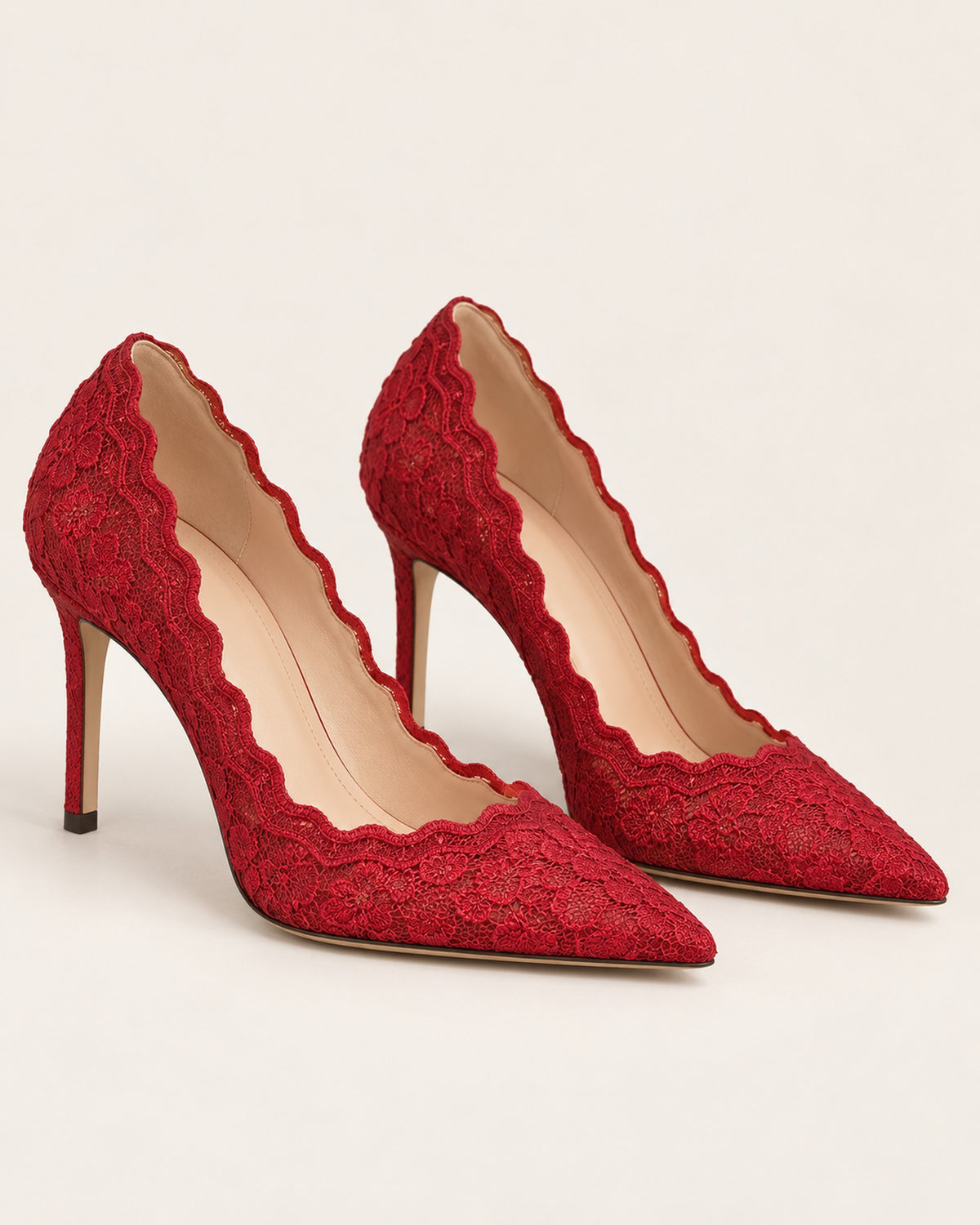 Valérie lace pointed-toe stiletto pump in Red, three-quarter view