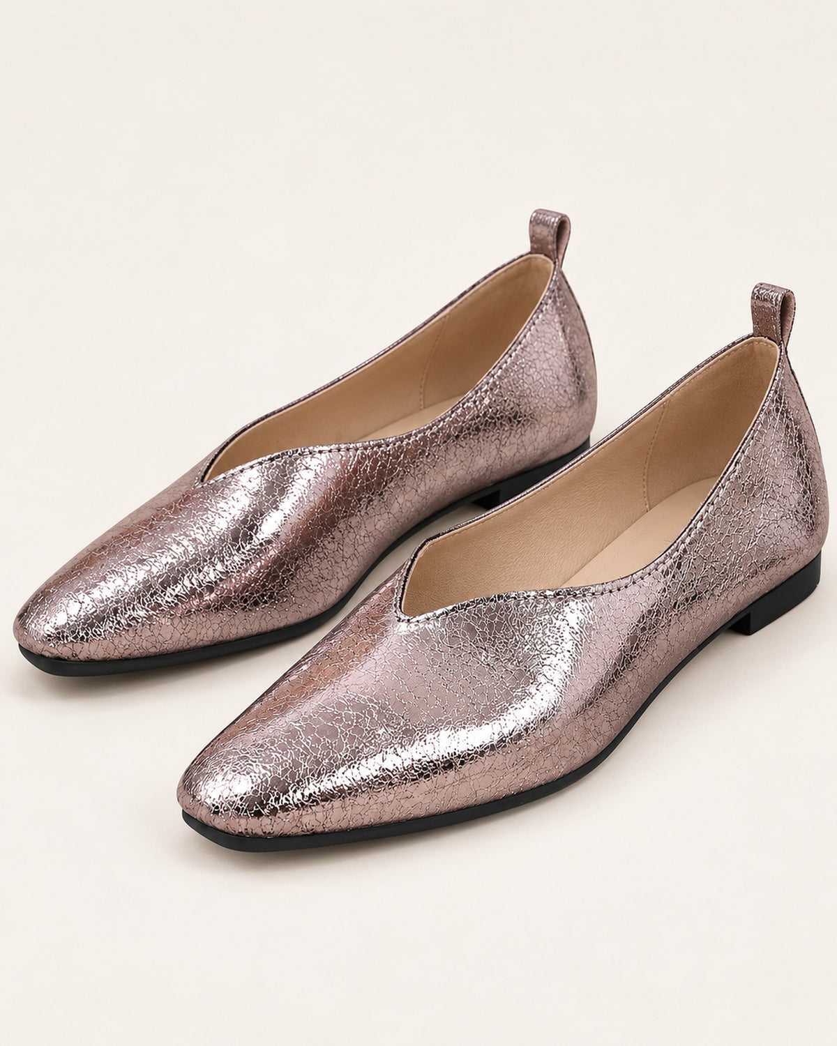 Sélène metallic crinkle-finish V-cut ballet flat in Rose Pewter, three-quarter view