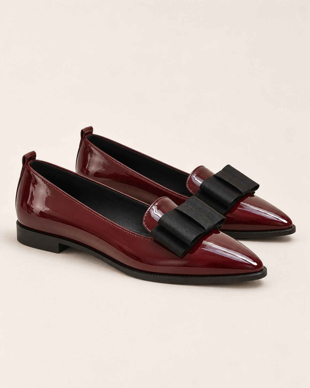 Léa patent-finish pointed ballet flat with oversized bow in Burgundy, side view