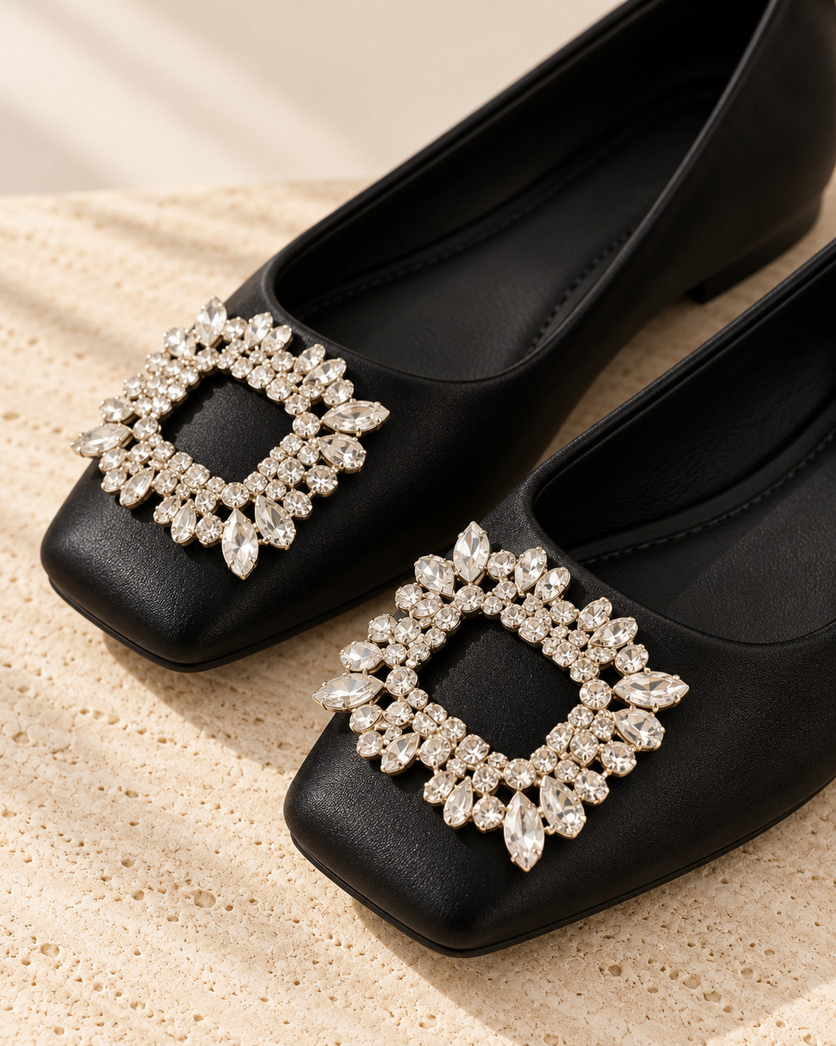 Lysiane square-toe flat with rhinestone buckle in Black, close-up detail