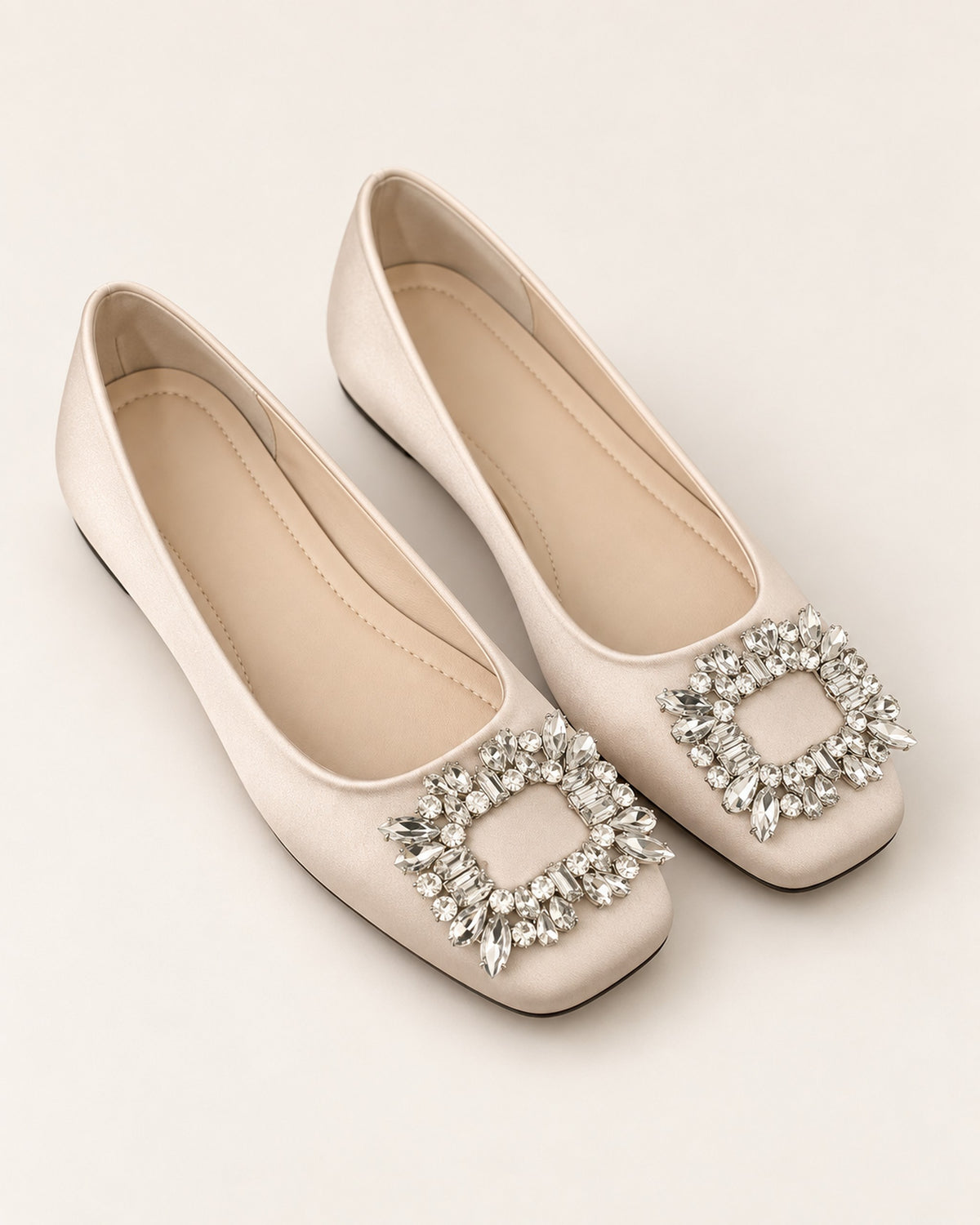 Lysiane square-toe flat with rhinestone buckle in Beige, three-quarter view