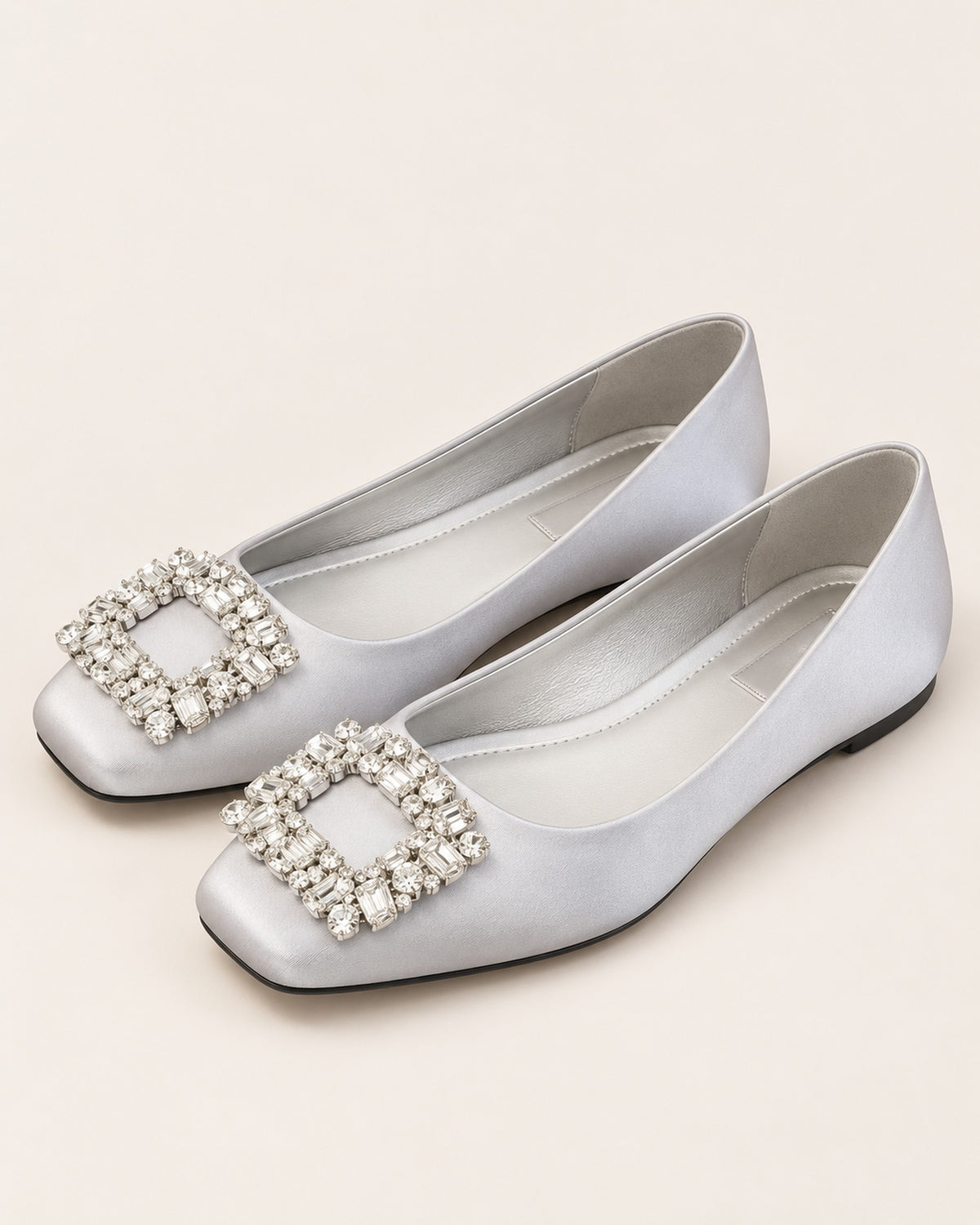 Lysiane square-toe flat with rhinestone buckle in Gray, three-quarter view