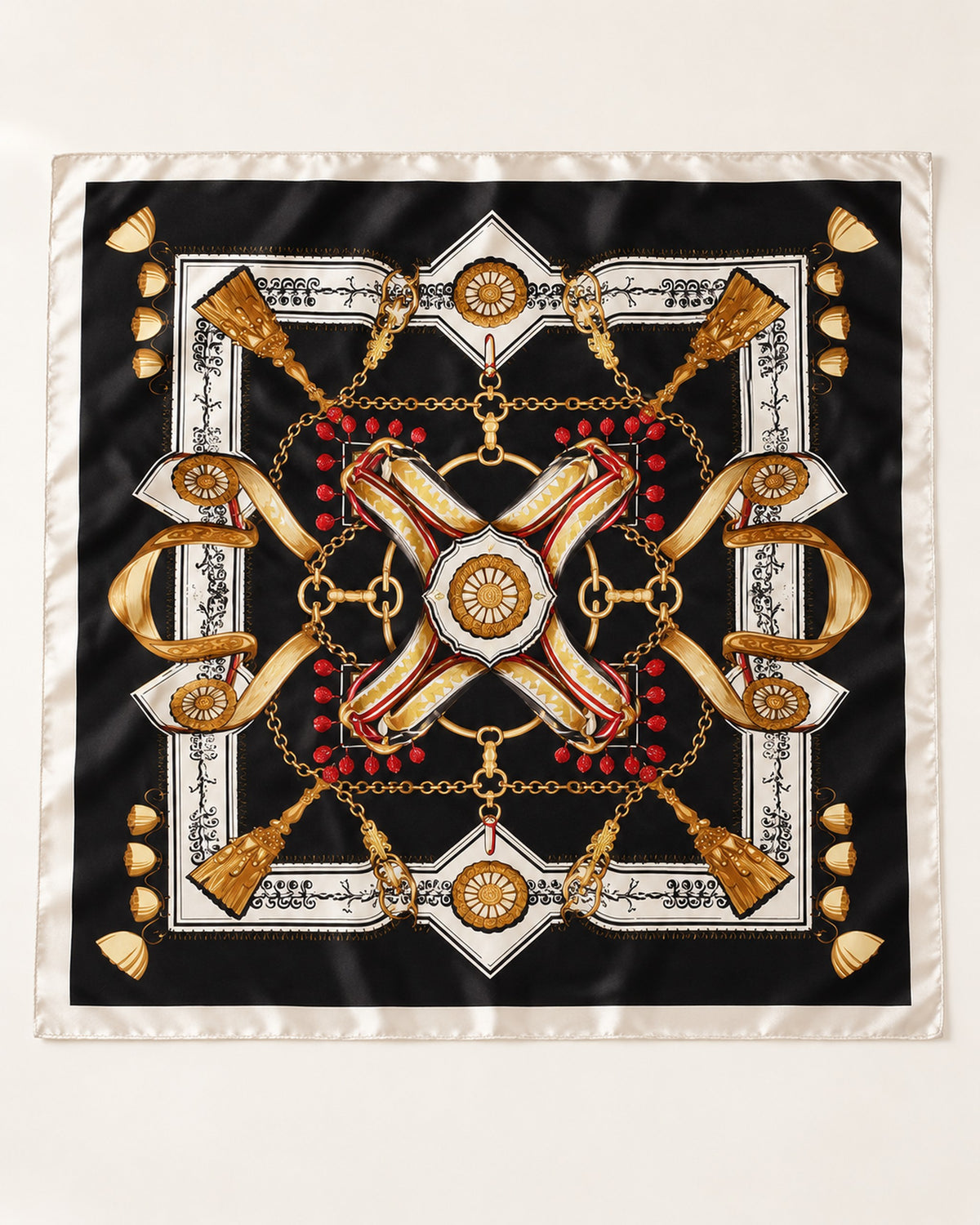 Margot printed satin scarf in Black, laid flat, full print