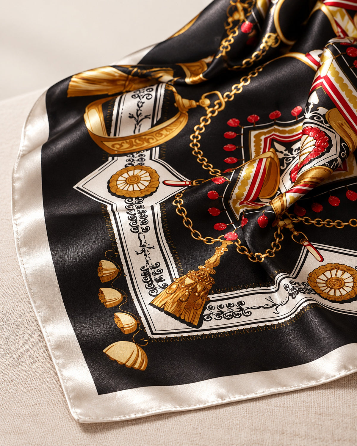 Margot printed satin scarf in Black, close-up detail