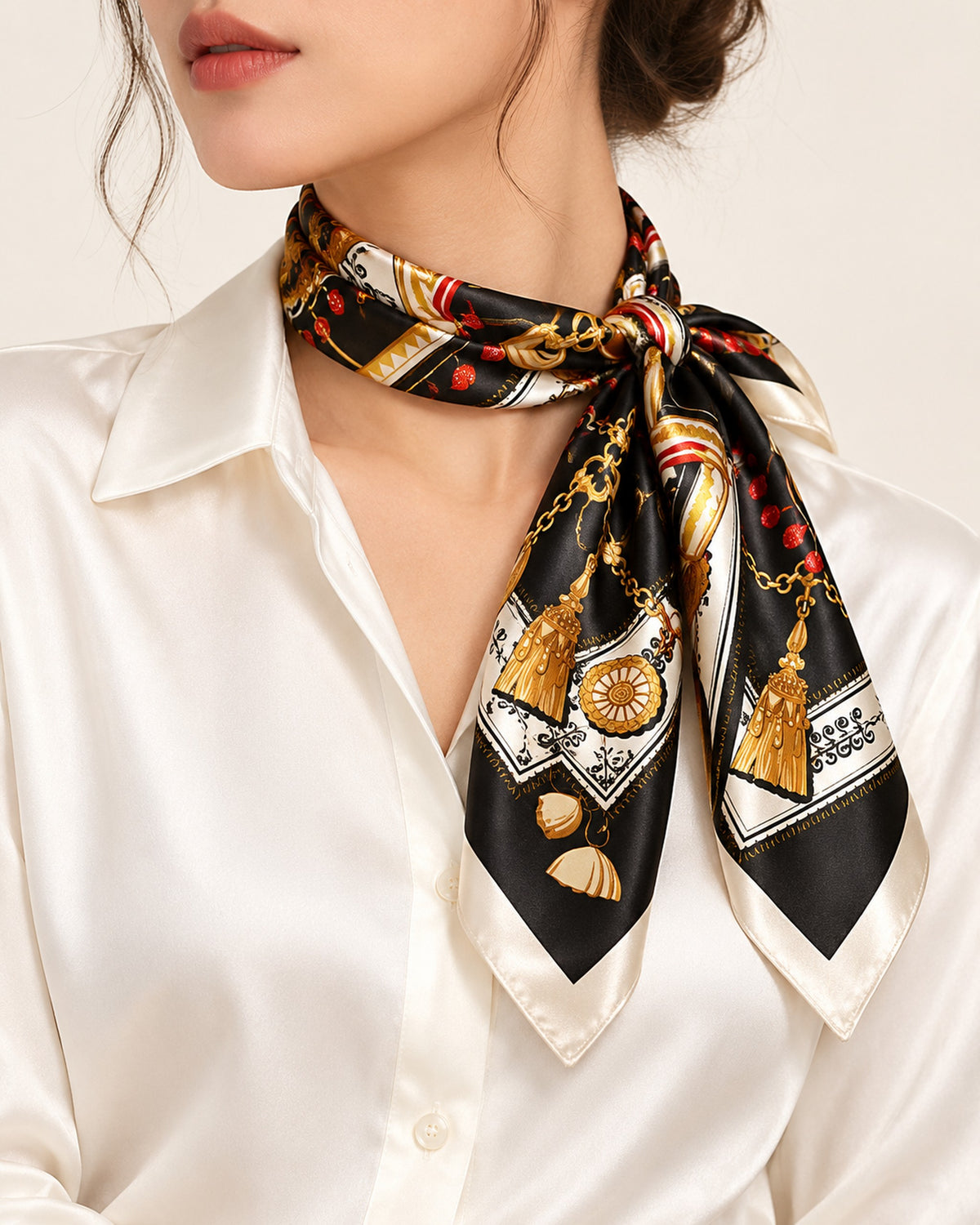 Margot printed satin scarf in Black, worn knotted at the neck
