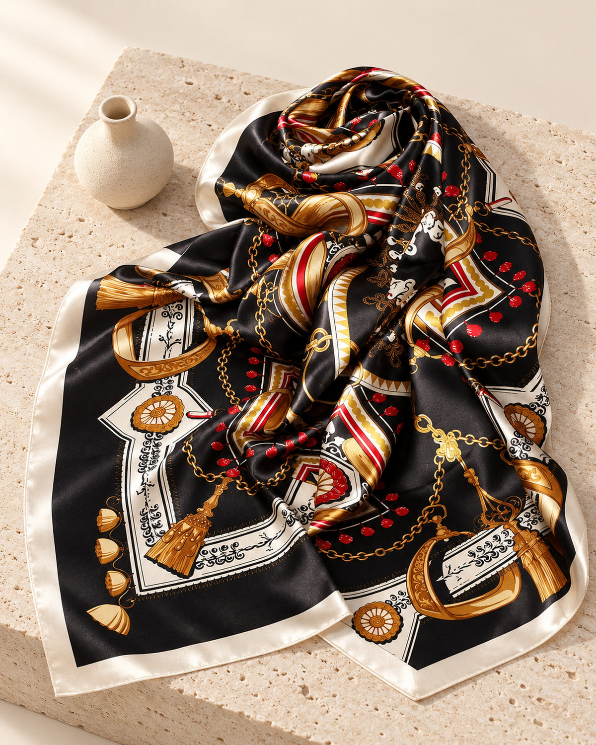 Margot printed satin scarf in Black, still life on travertine
