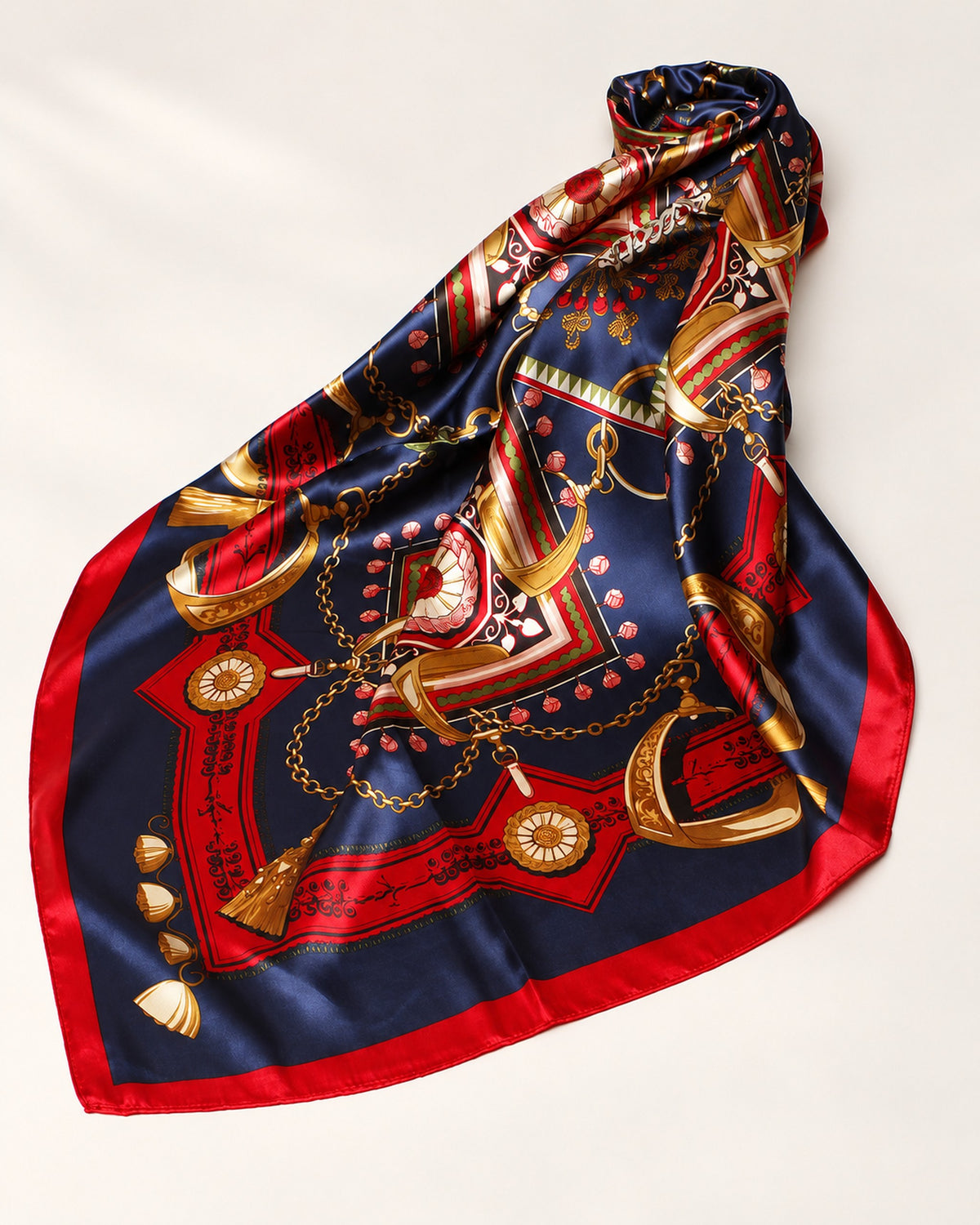 Margot printed satin scarf in Red (navy ground, red border), draped