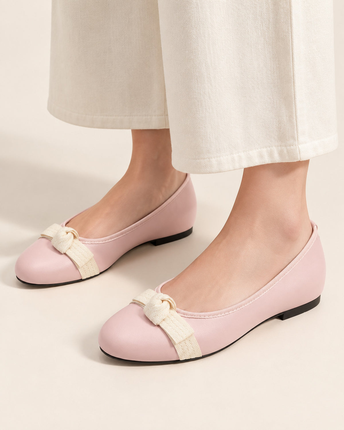 Mireille round-toe ballet flat with grosgrain bow in Pink, worn