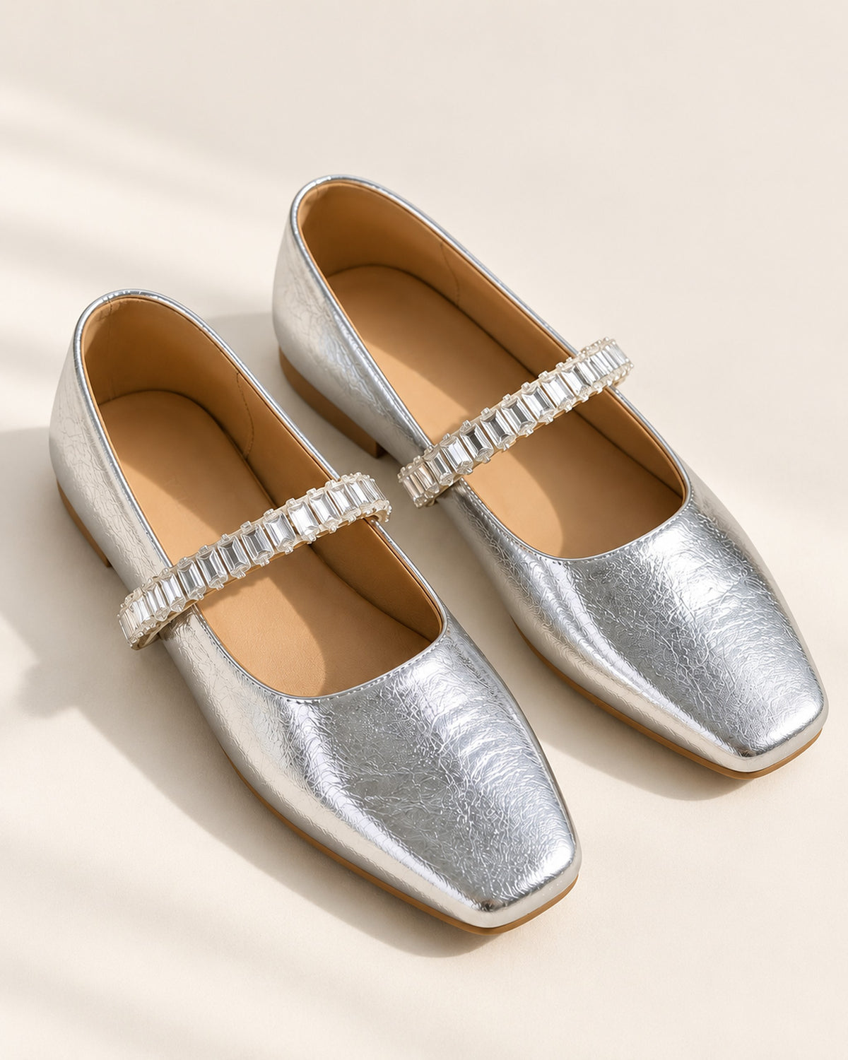 Noémie square-toe metallic ballet flat with rhinestone strap in Silver, three-quarter view