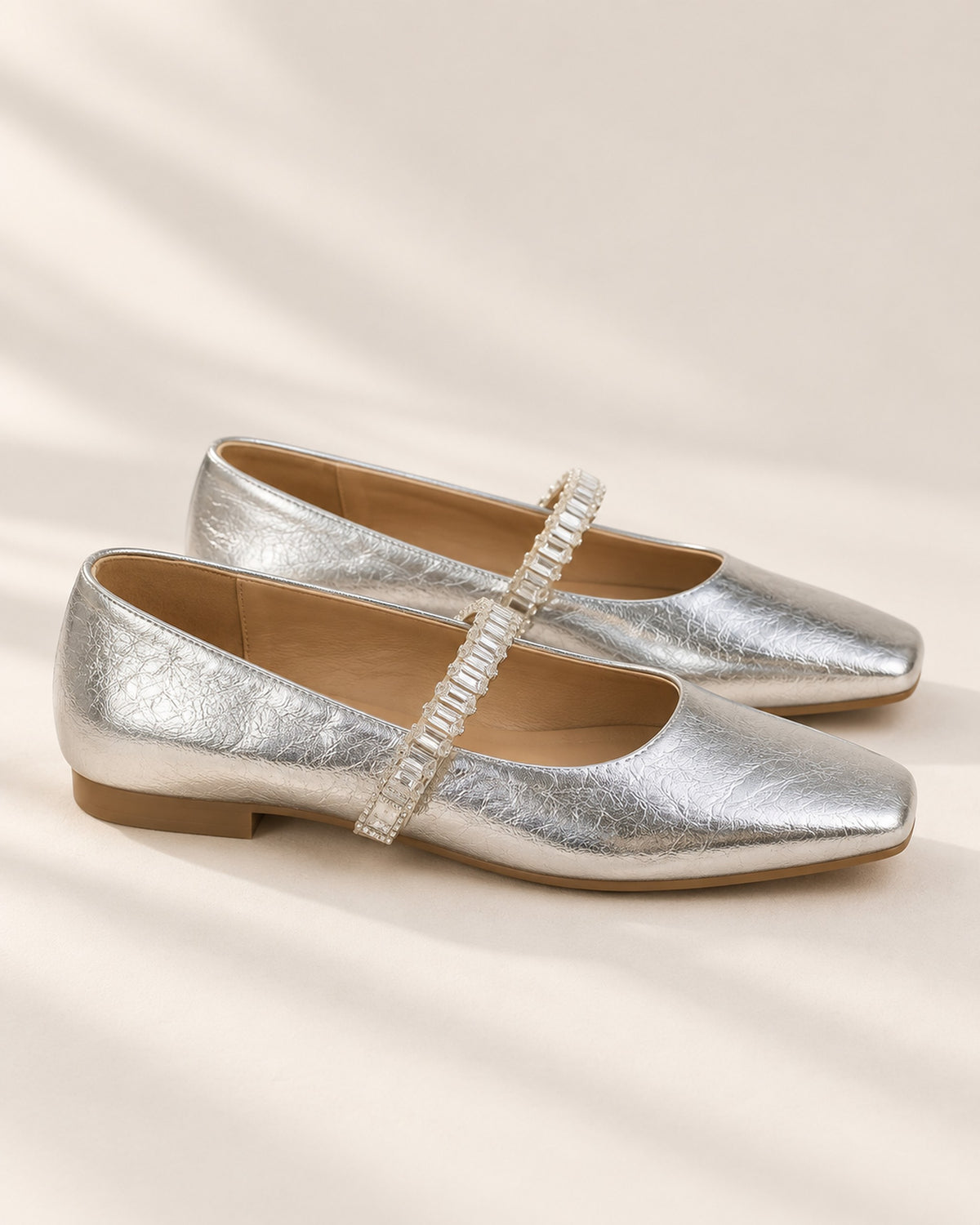 Noémie square-toe metallic ballet flat with rhinestone strap in Silver, side view