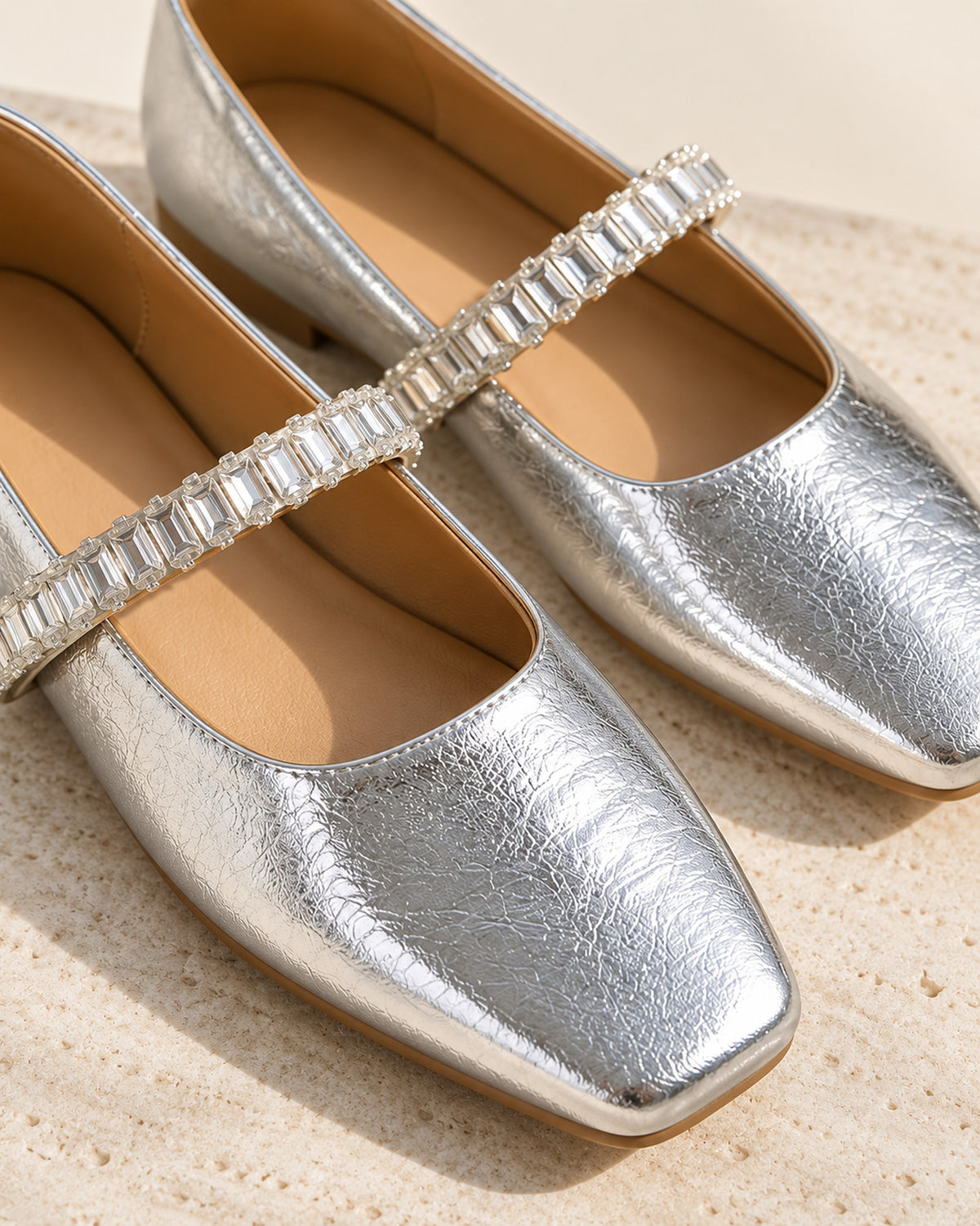 Noémie square-toe metallic ballet flat with rhinestone strap in Silver, close-up detail