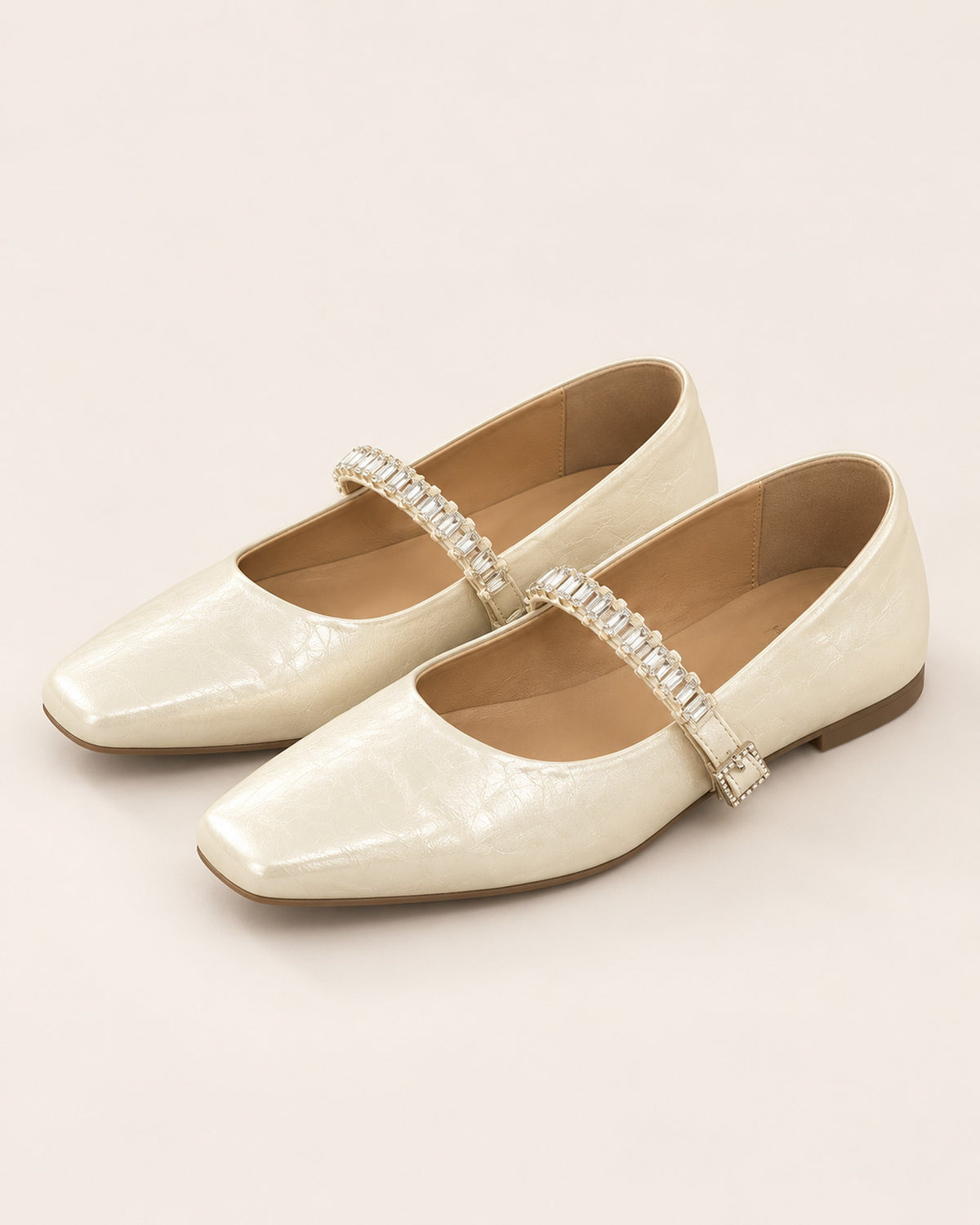Noémie square-toe metallic ballet flat with rhinestone strap in Beige, three-quarter view