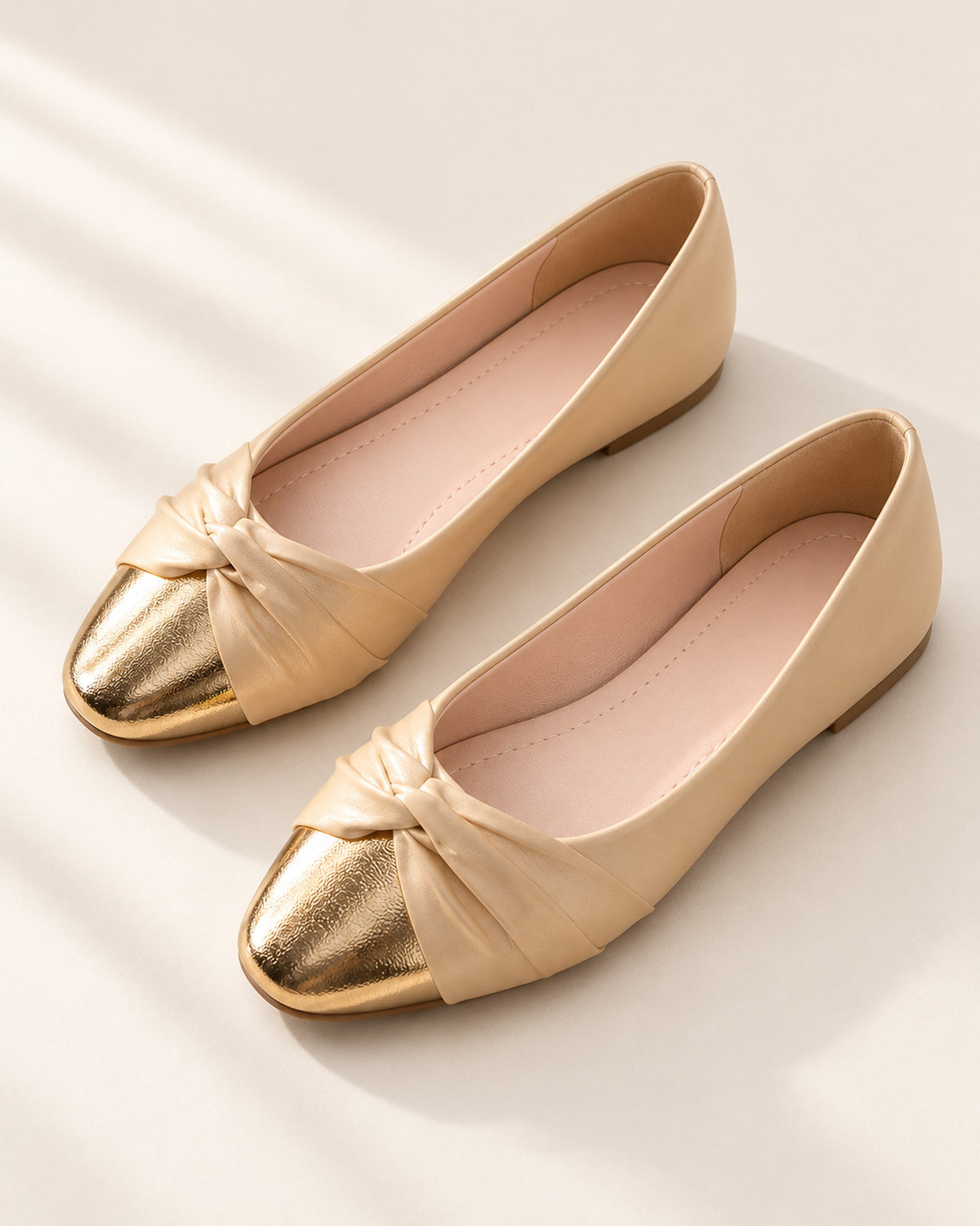 Élodie satin ballet flat with knotted vamp and metallic toe cap in Beige, three-quarter view