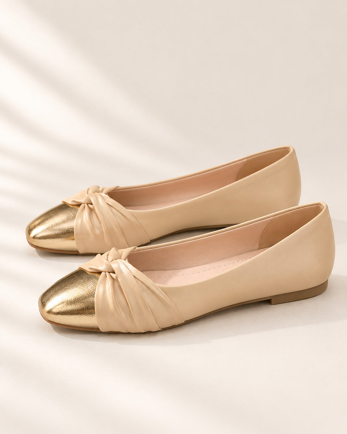 Élodie satin ballet flat with knotted vamp and metallic toe cap in Beige, side view
