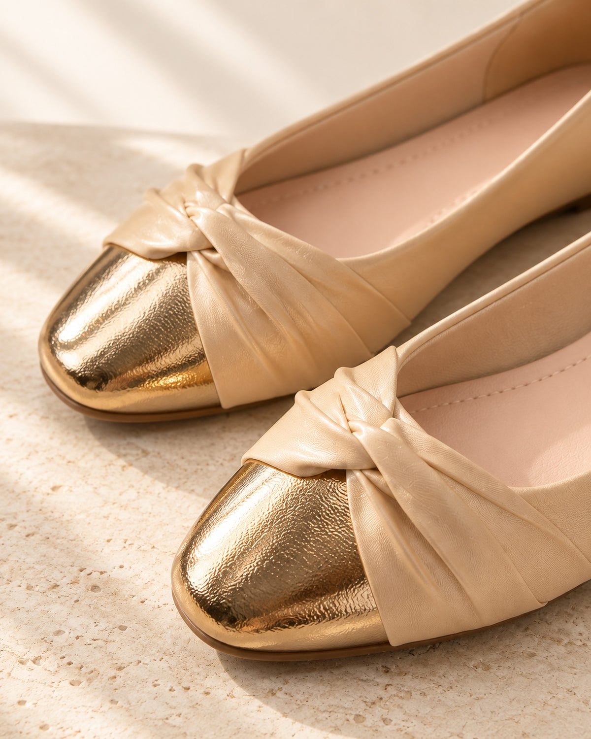 Élodie satin ballet flat with knotted vamp and metallic toe cap in Beige, close-up detail
