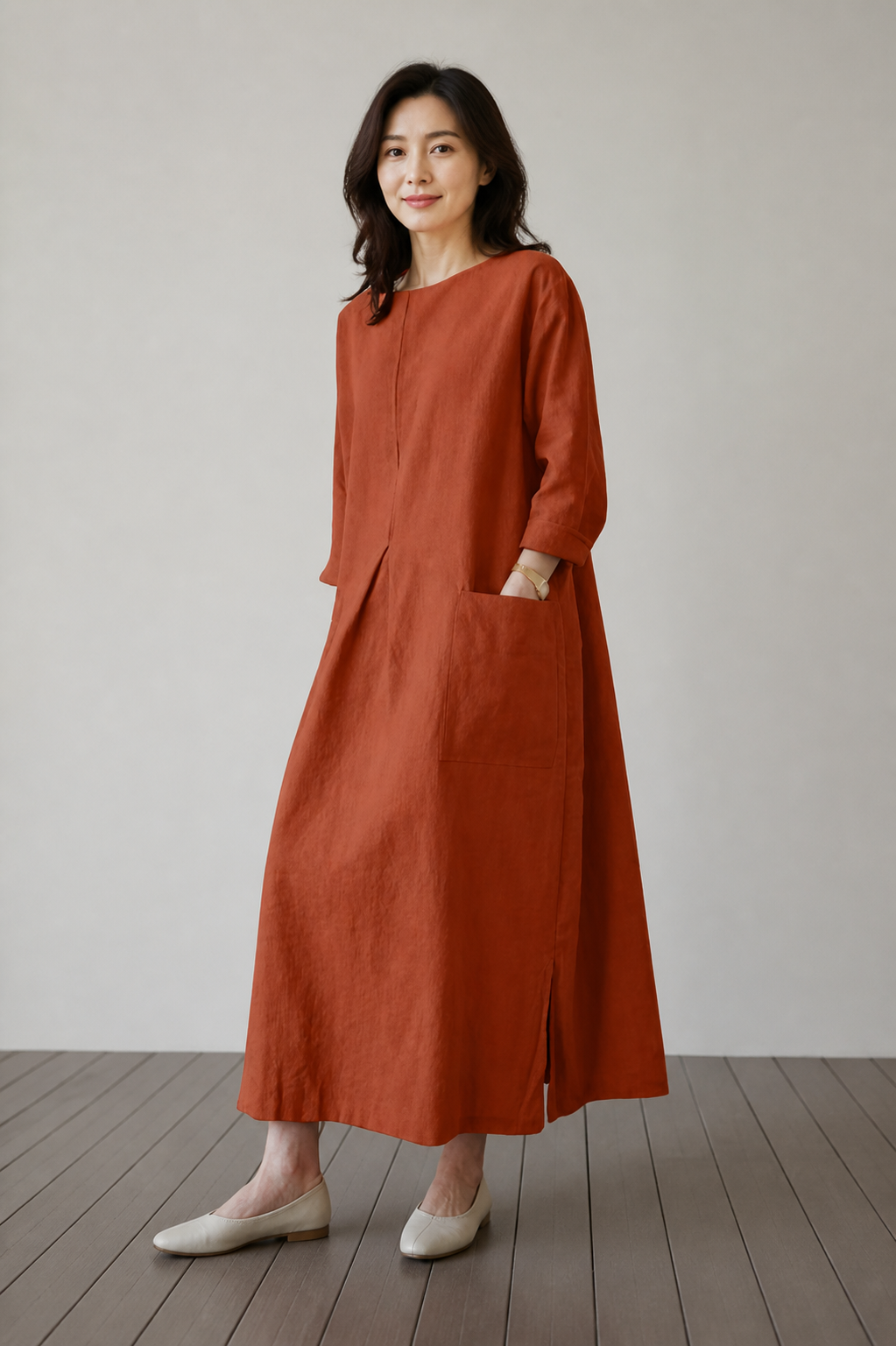 Léonie — Vestido Midi de Punto Verde Oliva · Rojo anaranjado · Modelo
