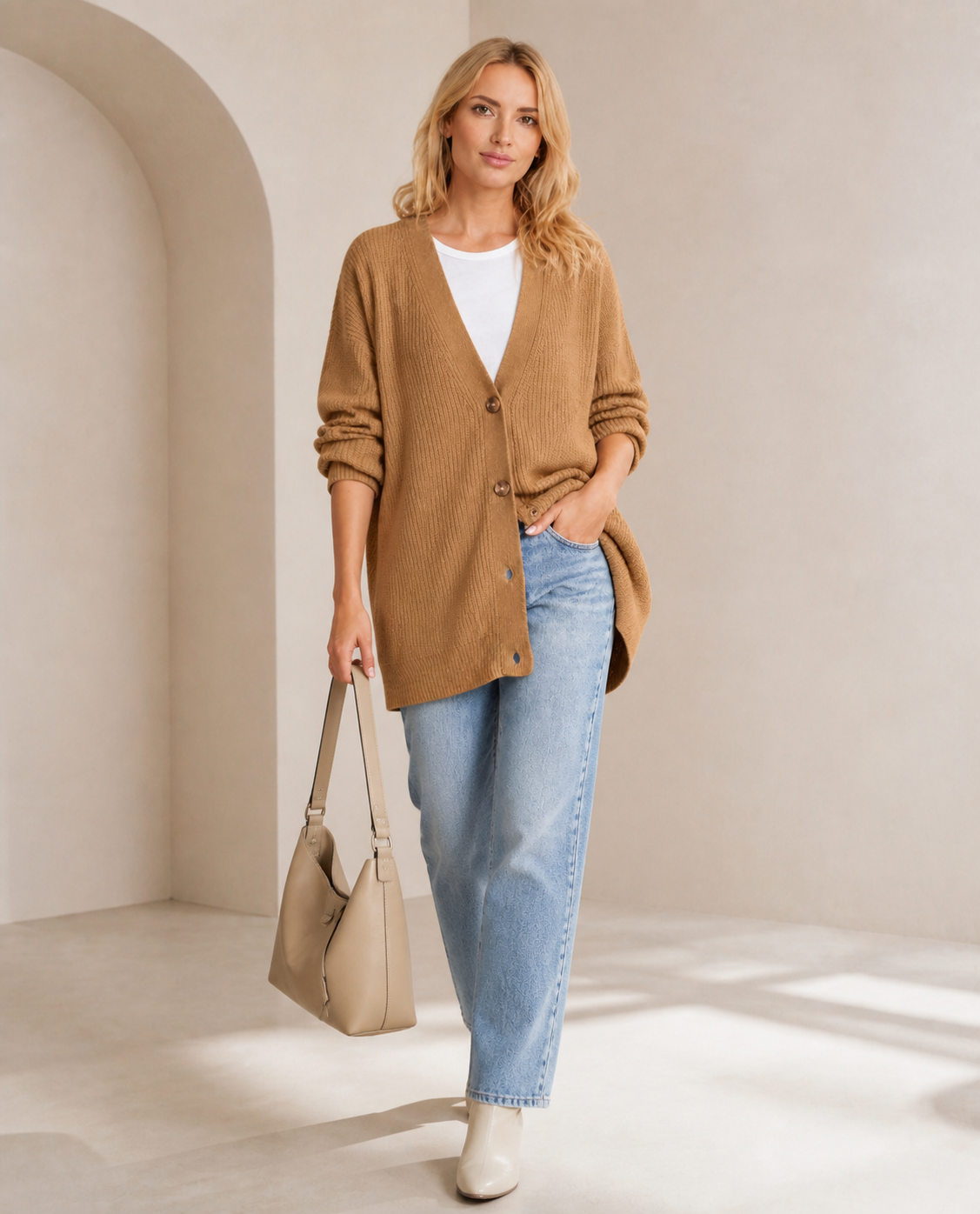 Liora — Cárdigan de Punto Cruzado en V · Camel · Modelo