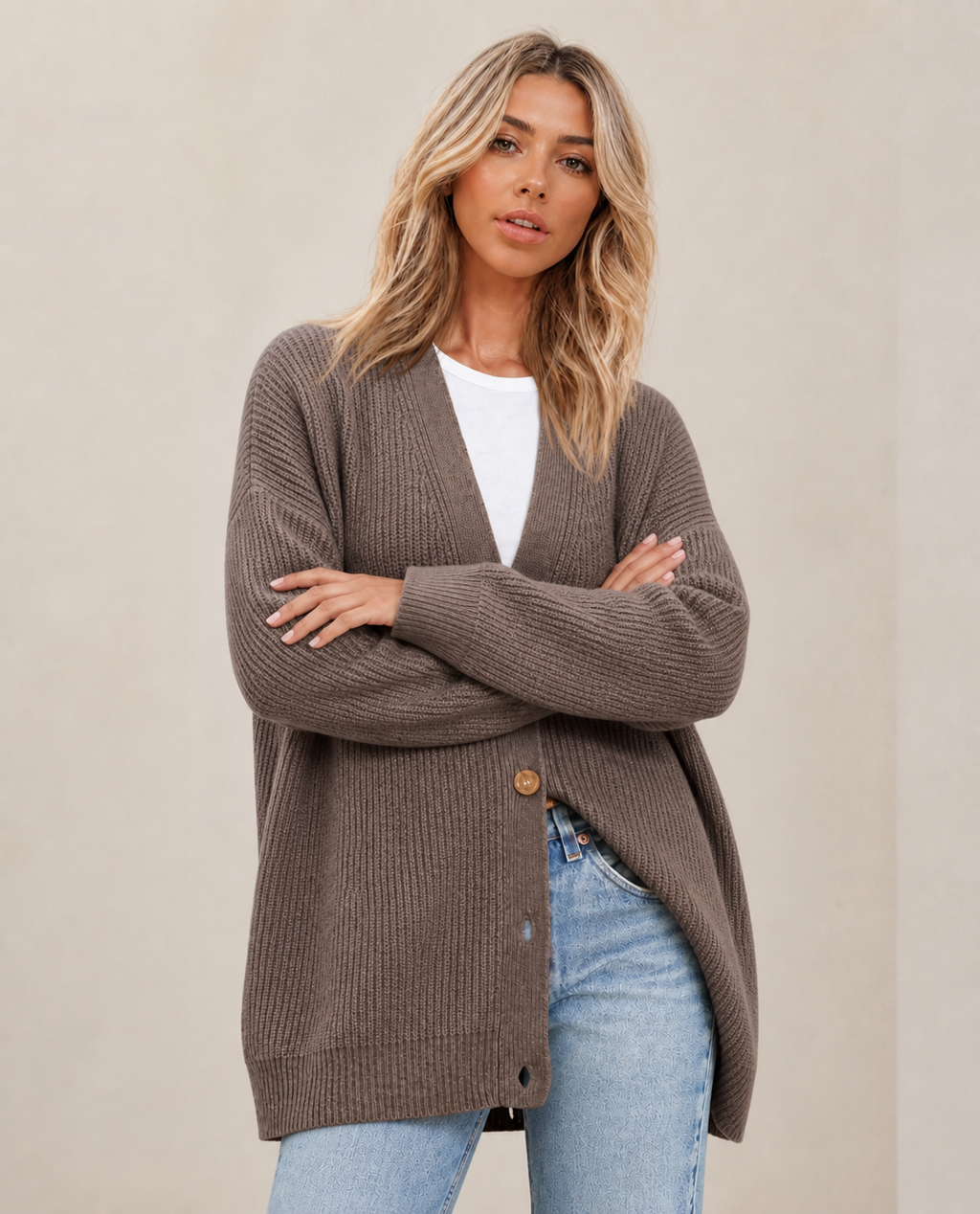 Liora — Cárdigan de Punto Cruzado en V · Gris · Modelo