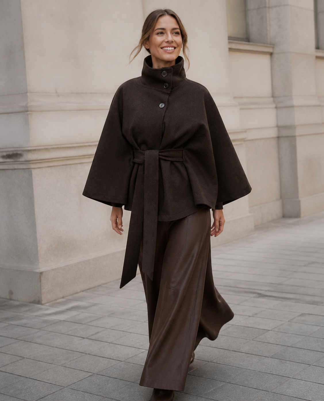 Margaux abrigo capa cuello alto con cinturón — modelo en pose premium
