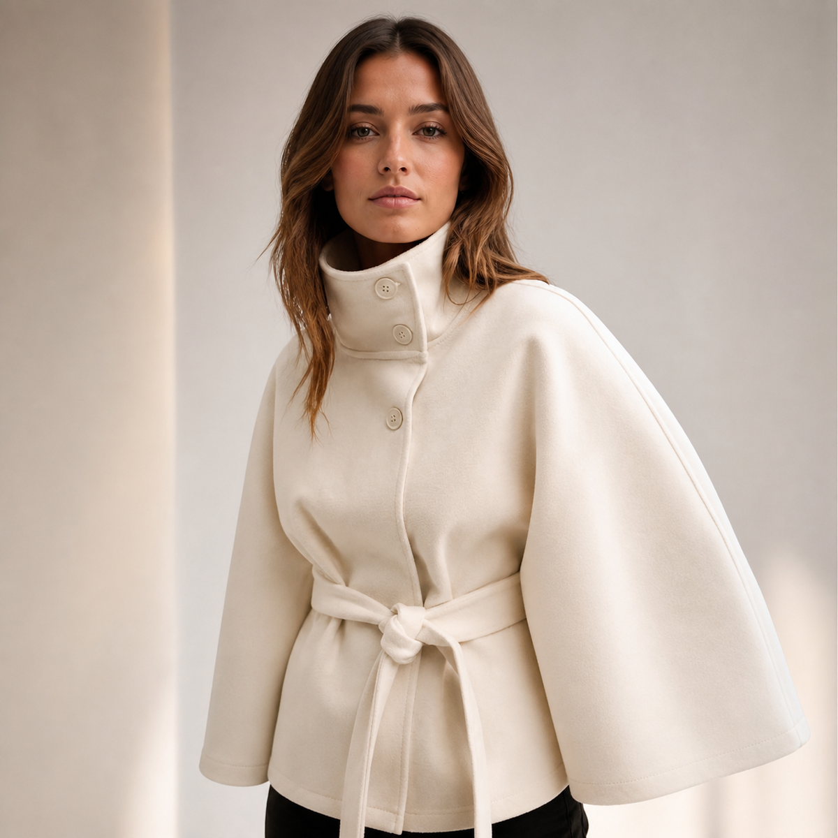 Margaux abrigo capa cuello alto con cinturón — modelo en pose premium
