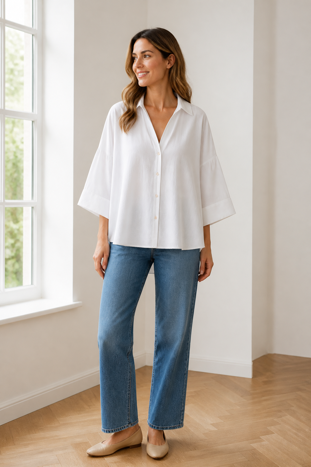 Margaux — Camisa de Rayas Azules — margaux blanco, modelo con rostro visible