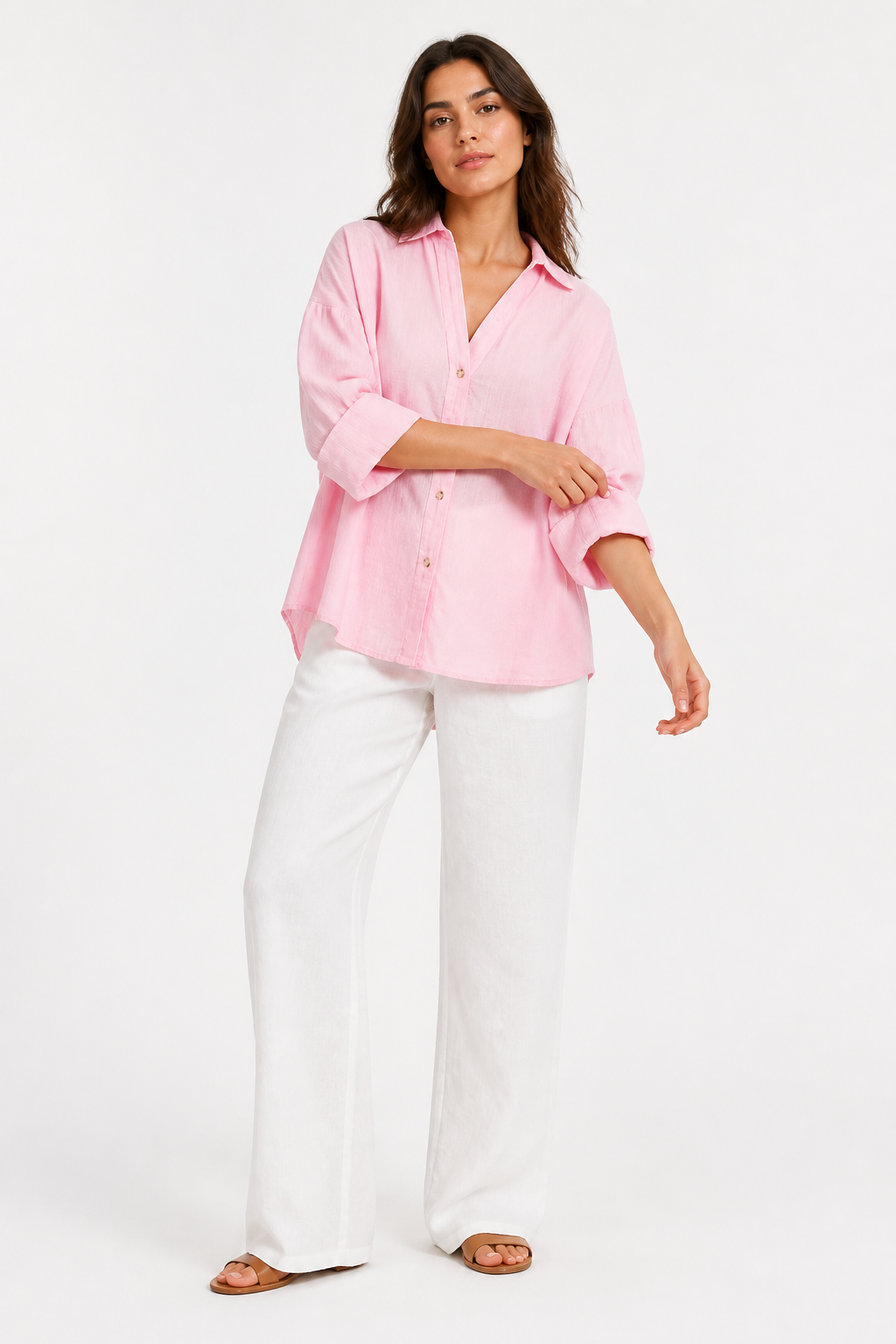 Margaux — Camisa de Rayas Azules — margaux rosa, modelo con rostro visible